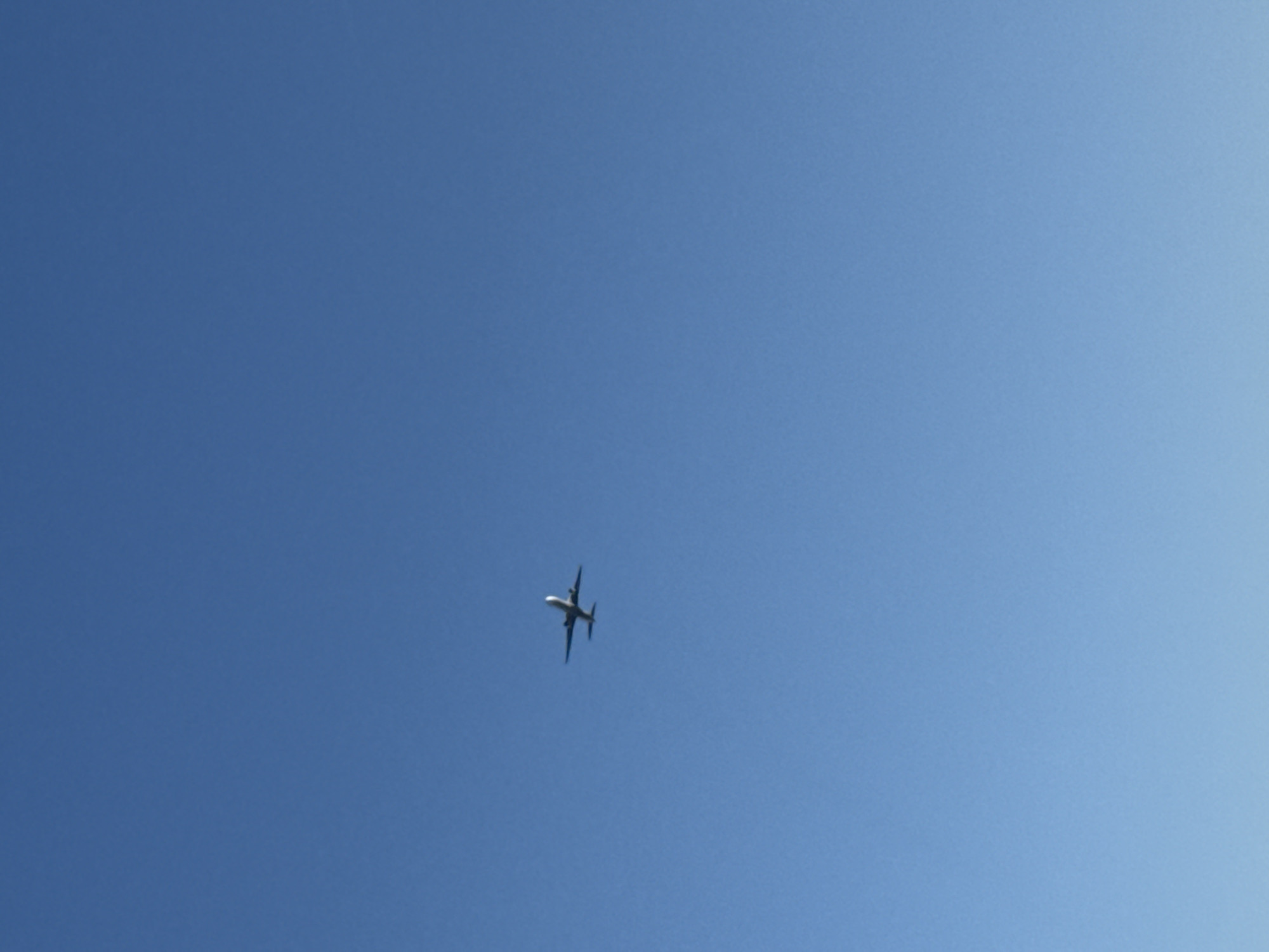 An airplane is flying in the blue sky. The location is unknown, not confirmed to be Tbilisi, Georgia.