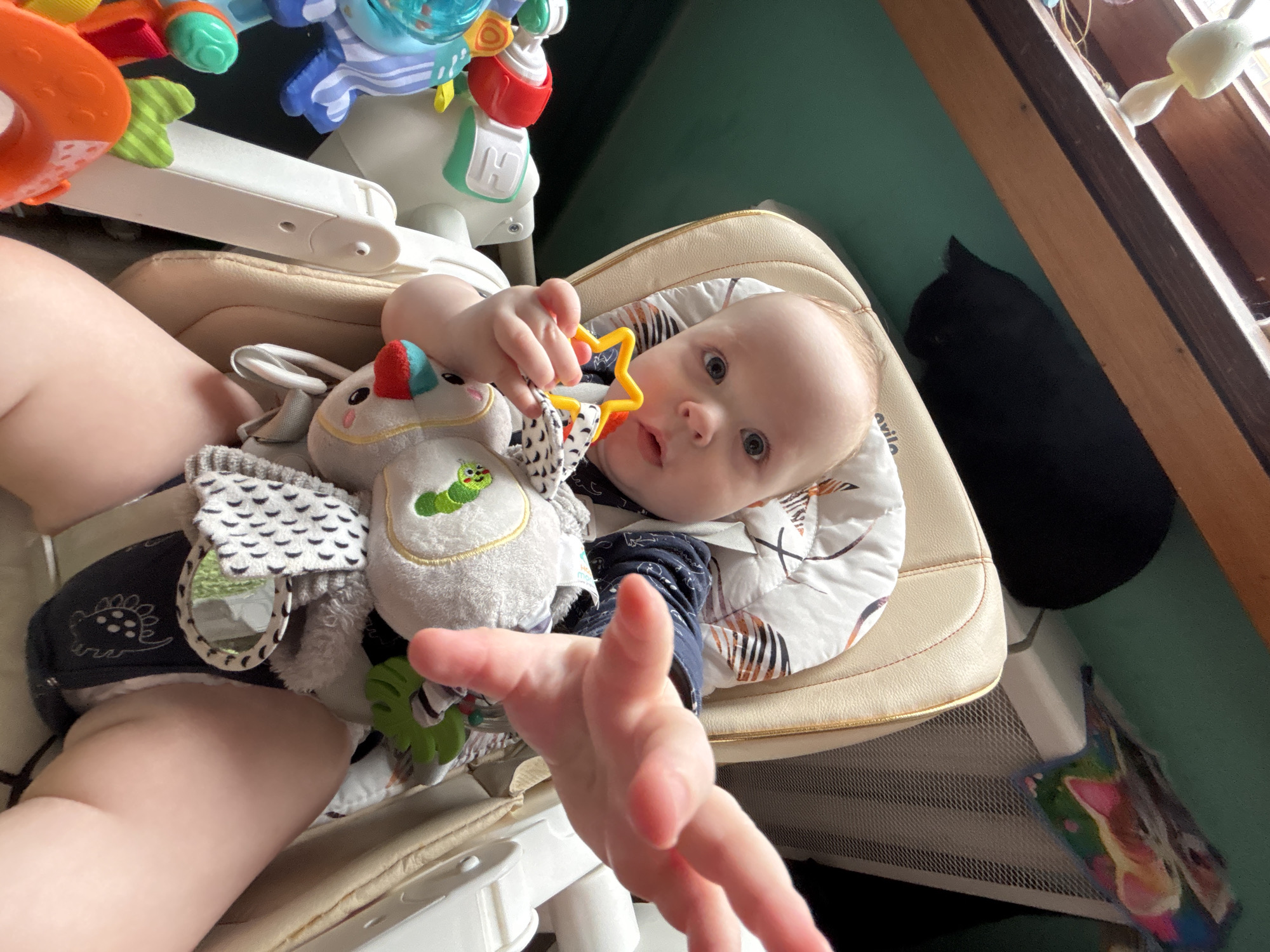 The image shows an infant sitting in a high chair, holding a star-shaped toy. The chair has a patterned cushioned seat. There are other toys attached to the high chair, including a plush toy with a mirror. An adult's hand reaches into the frame from the bottom left. To the right, a black cat is visible next to a window frame. Below the chair, a colorful mat is visible. The location is not determined, there is no information about the city of Марковский, Russia.
