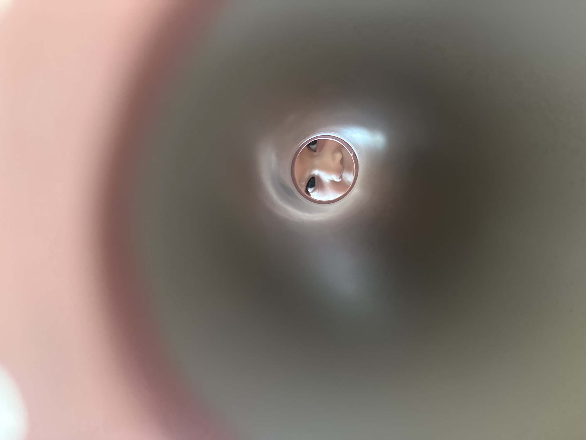 The image presents an abstract and close-up view looking into a narrow, cylindrical opening, likely a tube or a bottle. At the center of this opening, a distorted reflection of a person's face is visible, primarily showing the eyes and the bridge of the nose. The eyes appear to be looking forward, directly at the camera or into the opening. The inner surface of the cylindrical object is somewhat reflective, causing the partial and warped image of the face.
The surrounding area outside the central reflection is out of focus and blurred. On the left side of the frame, warm, soft pink and peach tones dominate, suggesting a light source or an object with that color nearby. Towards the right and upper parts of the frame, the tones shift to darker, muted greys and browns, creating a gradient effect. There are subtle highlights and reflections within these blurred areas, hinting at ambient lighting conditions. The overall impression is one of introspection or a unique perspective, possibly from the inside of an object. The activity involves a person looking into an object while being photographed from within it. No specific time of day, weather, or discernible emotions are evident due to the abstract nature and partial view. There is no visible text. The location context is Kharnavy, Russia.
