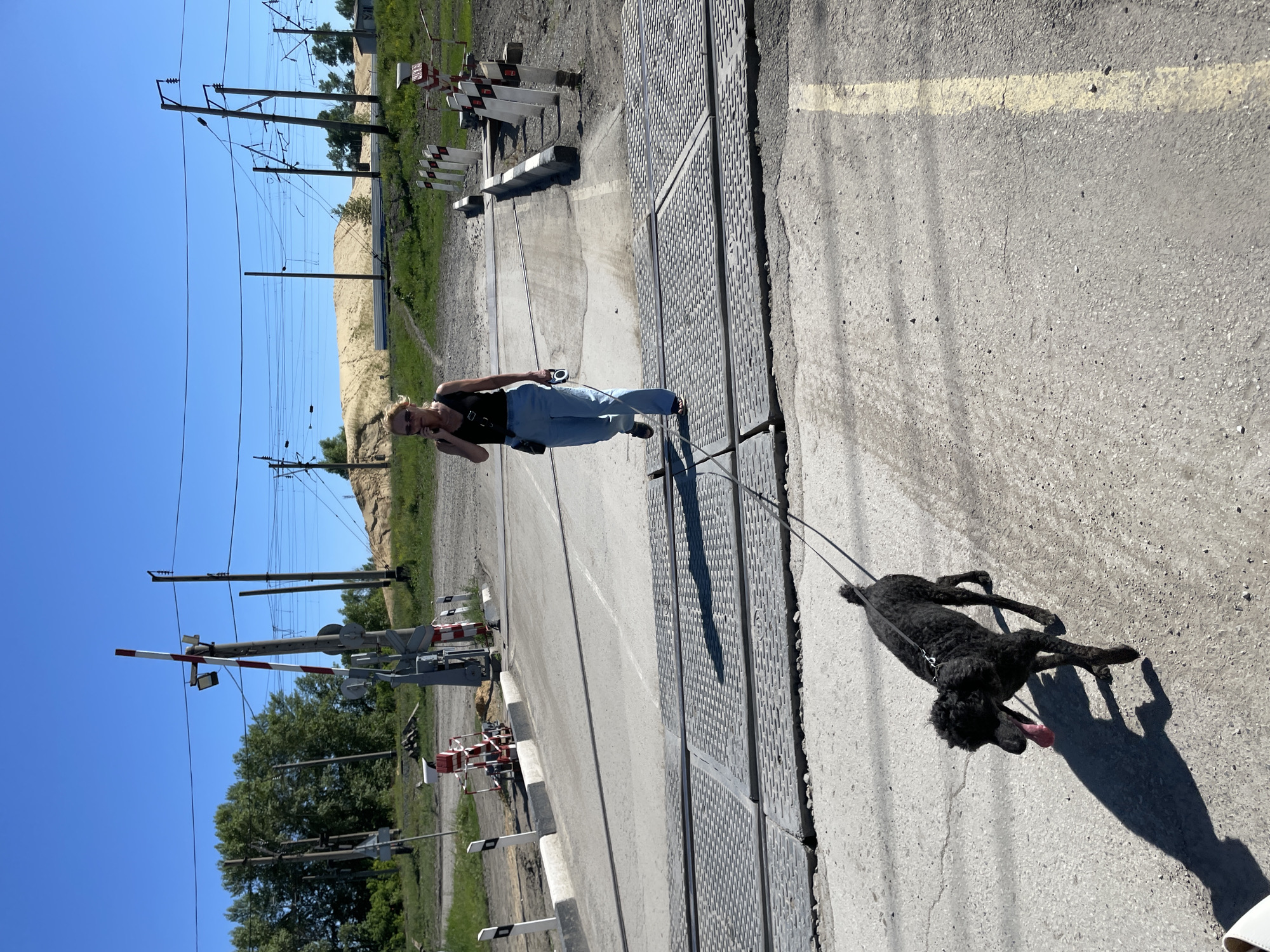 A medium shot captures a woman and her black poodle at a railroad crossing on a sunny day. The woman, wearing a black tank top and light blue jeans, walks towards the camera, talking on her phone and holding a camera bag in her left hand. Her poodle, on a leash, walks ahead of her. The railroad crossing features metal grating and tracks. In the background, a railroad crossing signal with red and white stripes stands tall. Power lines crisscross the bright blue sky, and a large pile of sand is visible in the distance. The ground is a mix of asphalt and gravel. The overall impression is one of a casual walk in an industrial or semi-rural area.