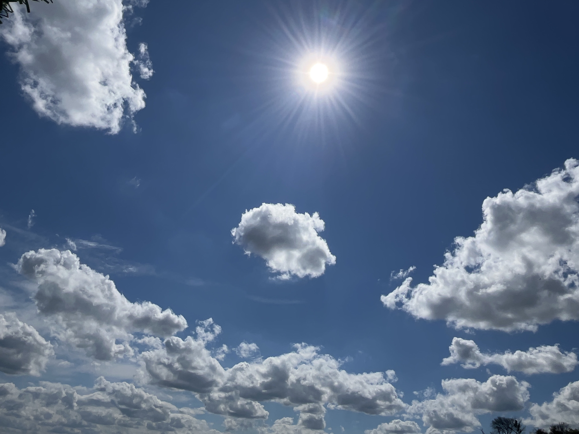 The image shows a bright, sunny sky with a scattering of white, fluffy cumulus clouds. The sun is high in the sky and appears to be the primary light source, casting a bright glow and creating lens flare. The sky is a deep blue. The scene is outdoors and appears to be a clear day. There is no indication of people, structures, or specific landmarks that would allow for the identification of a precise location within the city of Varna, Bulgaria. The composition is focused on the sky and clouds.