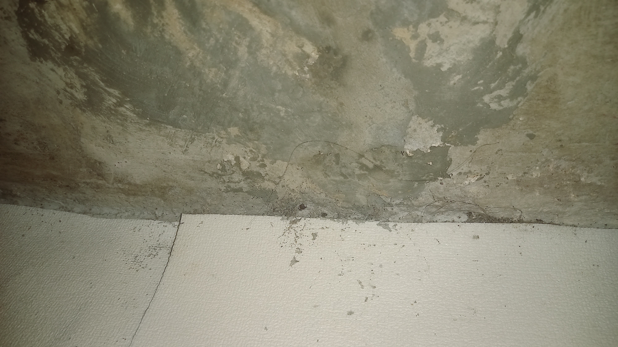 A close-up, low-angle, indoor photograph shows a corner where two walls meet. The wall on the left is painted a light cream color with a textured finish, exhibiting some small dark spots and a visible crack running diagonally. The wall on the right is unfinished concrete, with a rough, uneven surface displaying areas of staining, peeling paint or plaster, and dirt. A few dark strands, possibly hair or fine debris, are visible on the concrete wall near the corner. The lighting appears to be artificial and somewhat dim, casting shadows that highlight the textures and imperfections of the surfaces. The scene is devoid of any people, animals, or prominent objects, focusing solely on the architectural elements and their condition.