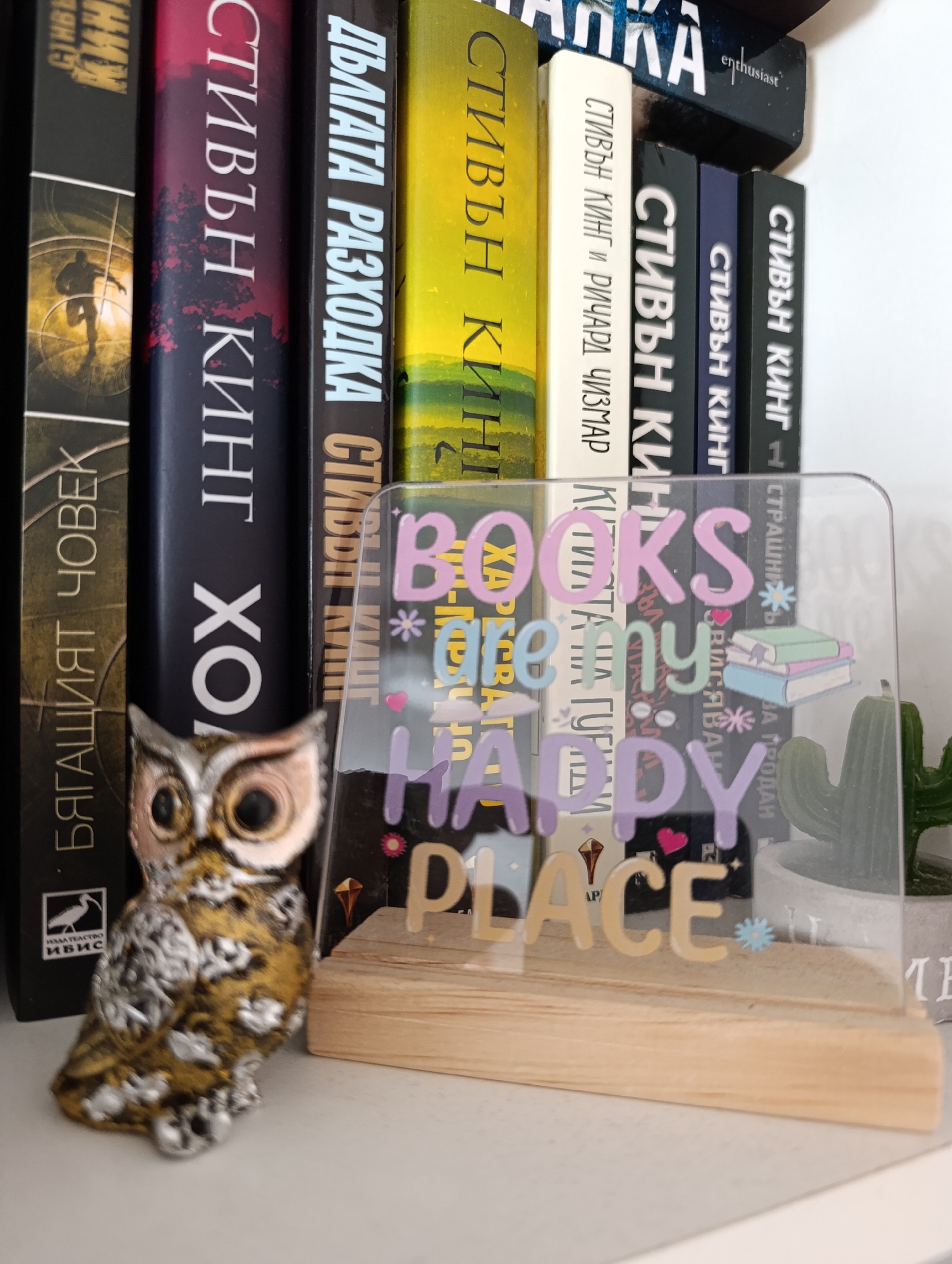 The image captures a bookshelf in Dobrich, Bulgaria, filled predominantly with books by Stephen King, translated into Bulgarian. The scene is brightly lit, likely indoors during the day, highlighting a collection of literature and decorative items.
The main subjects are numerous books arranged vertically on a shelf. Several book spines clearly display the author's name "СТИВЪН КИНГ" (Stephen King). Specific titles visible in Bulgarian include "БЯГАЩИЯТ ЧОВЕК" (The Running Man), "ДЪЛГАТА РАЗХОДКА" (The Long Walk), and "КУТИЯТА НА ГУРИДИ" (Gwendy's Button Box), co-authored with Richard Chizmar, as indicated by "СТИВЪН КИНГ И РИЧАРД ЧИЗМАР". The publisher "ИЗДАТЕЛСТВО ИБИС" (IBIS Publishing House) is also visible on one spine. One book top partially shows the English word "enthusiast".
In front of the books, on the shelf, stands a decorative, golden and silver-colored owl figurine with large, dark eyes. To its right, a clear acrylic sign with a wooden base features colorful text reading "BOOKS are my HAPPY PLACE". This sign is adorned with small illustrations of hearts, stars, and a stack of books. Partially visible behind the sign is a small, green artificial cactus in a light gray pot. The overall impression is a cozy, personal space dedicated to reading.
