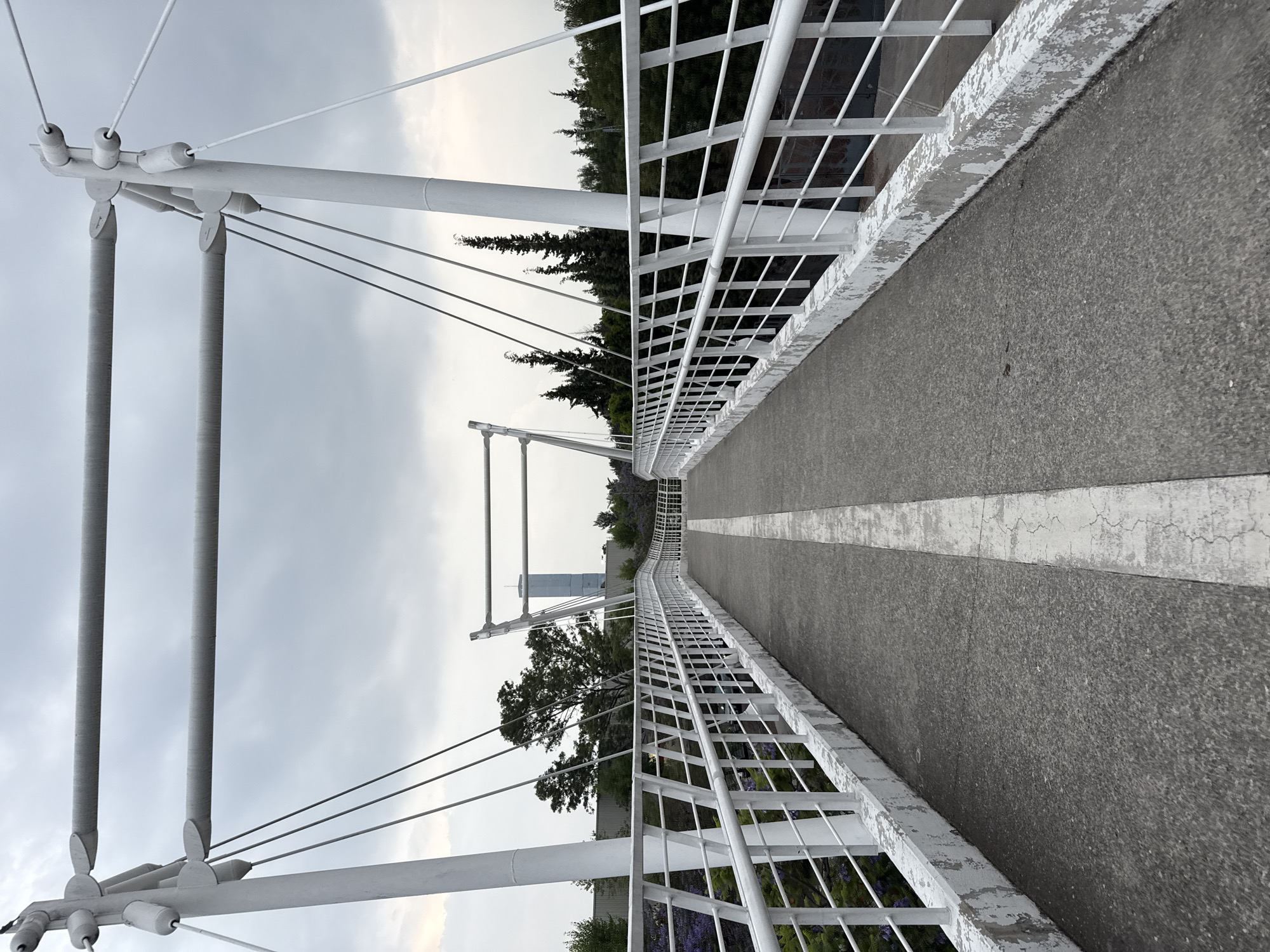 The image shows a pedestrian bridge in Puebla, Mexico. The bridge has a white metal frame and railings. The deck is concrete with a painted white stripe running down the center. The photograph is taken at eye level, in the center of the bridge, facing towards the end. The sky is overcast. Trees and other vegetation are visible on both sides of the bridge. A building is visible in the distance between the trees.