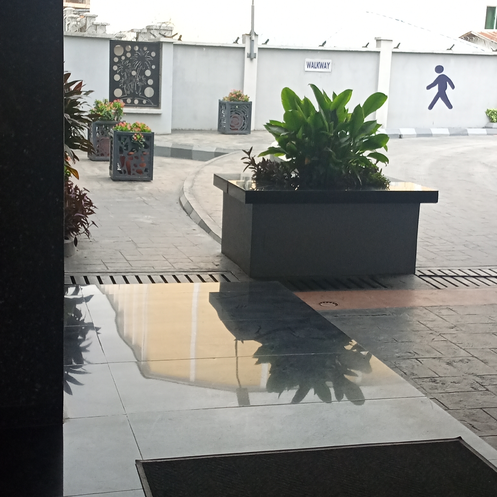 The image depicts an outdoor scene, possibly a pathway or courtyard, with a wall in the background. On the wall, there is a sign that reads "WALKWAY" and a blue silhouette of a person walking. There are several potted plants, some with red and pink flowers, placed near the wall. A large dark planter box with lush green foliage is prominently featured in the foreground. The ground is paved with interlocking stones and has a reflective surface, showing shadows of the plants. In the background, a building and the top of a wall with barbed wire are visible. The scene appears to be a well-maintained outdoor space.