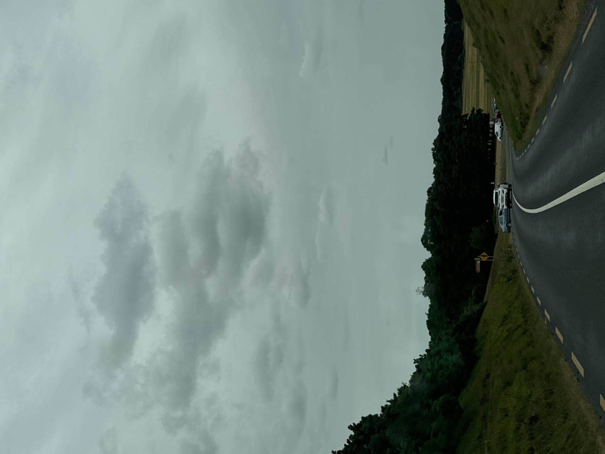 The image depicts a paved road curving through a landscape under a cloudy sky. On the left, a steep, grassy embankment covered in lush green vegetation slopes upwards. On the right, a similar grassy embankment forms the side of the road. In the distance, a dense line of dark green trees creates a stark contrast against the lighter sky. Beyond the trees, a field of dry, golden grass stretches towards the horizon. Several parked cars are visible on the right side of the road, near the edge of the tree line, suggesting a parking area. A yellow road sign with directional arrows is also present on the right side of the road. The overall impression is one of a rural setting on a overcast day in Curragh Edge, Ireland.