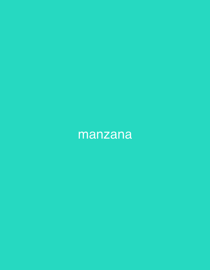 The image displays a minimalist graphic with a solid, vibrant teal-colored background. Centered prominently on this background is the Spanish word "manzana," rendered in a light, pale purple or lavender font. There are no other subjects, objects, or activities visible in the image. The setting is an abstract color field, offering no discernible location cues, time of day, or weather information. The visual content is limited to the single word against the colored backdrop. While the provided context suggests the location is Santa Ana, Venezuela, the image itself contains no elements to confirm or indicate this specific geographical area.