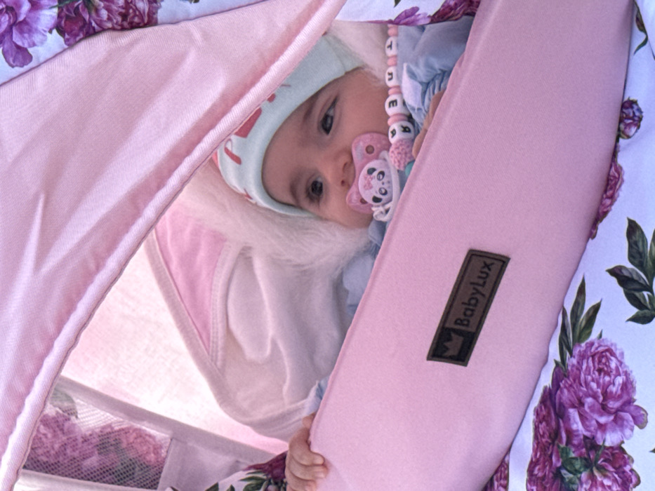 A close-up, high-angle image depicts an infant situated within a pink baby pram or stroller. The infant, with dark eyes and fair skin, wears a light blue beanie-style hat featuring a faint light-colored pattern. A white, furry-trimmed garment is visible around the baby's head and upper body, layered over a light blue long-sleeved top. A pink pacifier, adorned with a white panda bear design, is present in the infant's mouth. A pacifier clip, partially visible, consists of white square beads with pink lettering, spelling out what appears to be a name, with letters such as "B," "E," "T," and "Y" discernible.
The pram's interior and exterior lining are patterned with large purple-pink peonies and green leaves on a white background. The pram's canopy and primary structure are solid pink. A dark brown rectangular label, displaying a white crown icon and the text "BabyLux," is affixed to the front-facing pink panel of the pram. A mesh panel, integrated into the inner side of the canopy, provides a partial view of the floral pattern. The scene is brightly illuminated. The specific location within the city of Varna, Bulgaria, cannot be determined from the visual information provided.