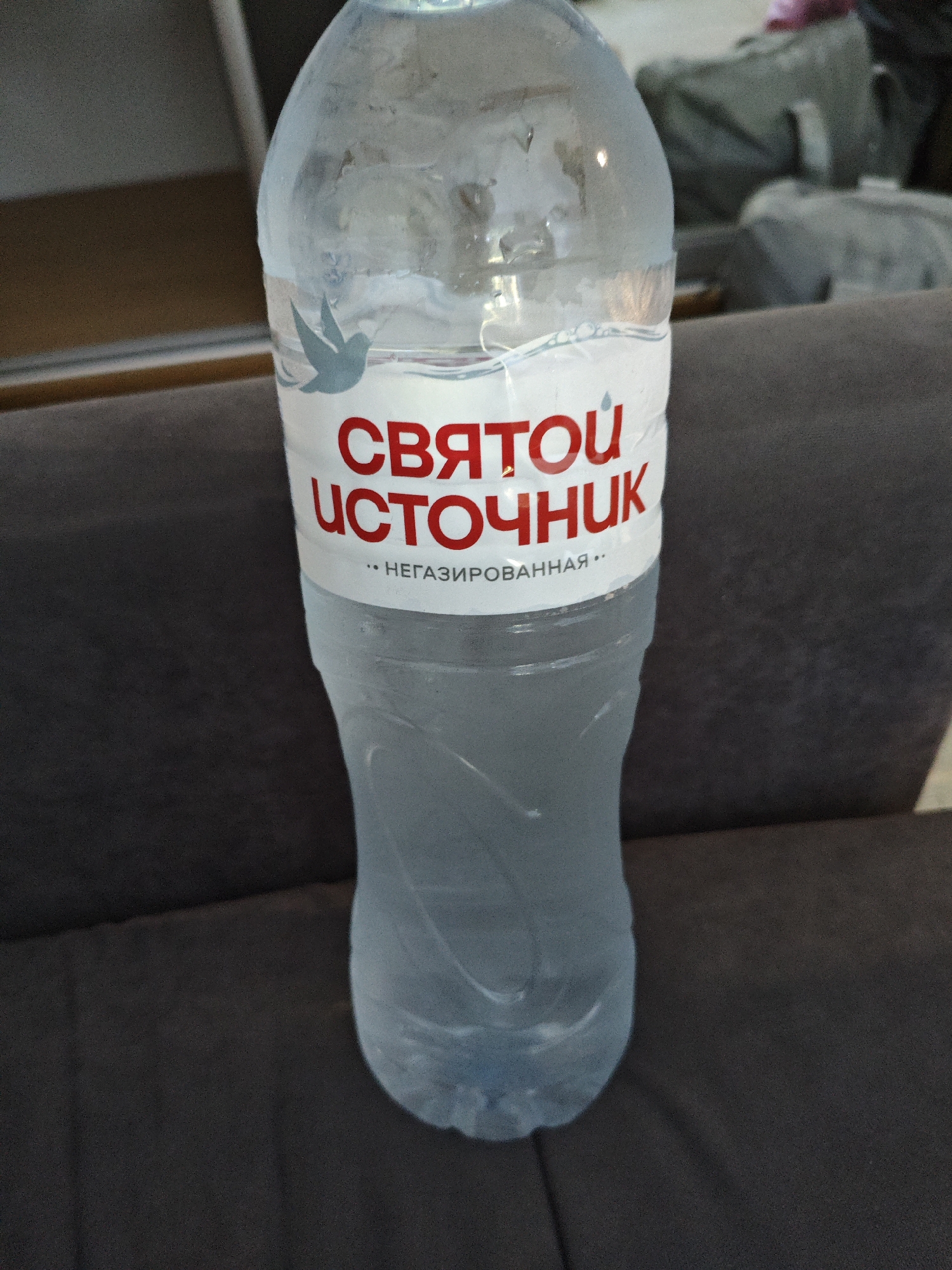 A clear plastic bottle of "СВЯТОЙ ИСТОЧНИК" (Holy Spring) mineral water, labeled as "НЕГАЗИРОВАННАЯ" (still), is positioned vertically on a dark fabric surface, likely a sofa. The bottle is partially filled with water, and condensation is visible on its exterior, indicating it is chilled. The label is predominantly white with red lettering and features a stylized blue bird graphic. The background is blurred, showing muted tones of brown and grey, suggesting an indoor environment. The setting appears to be a domestic or casual space. There are no people visible in the image. The location in Alushta, Ukraine, is not ascertainable from the visual information provided in the image.