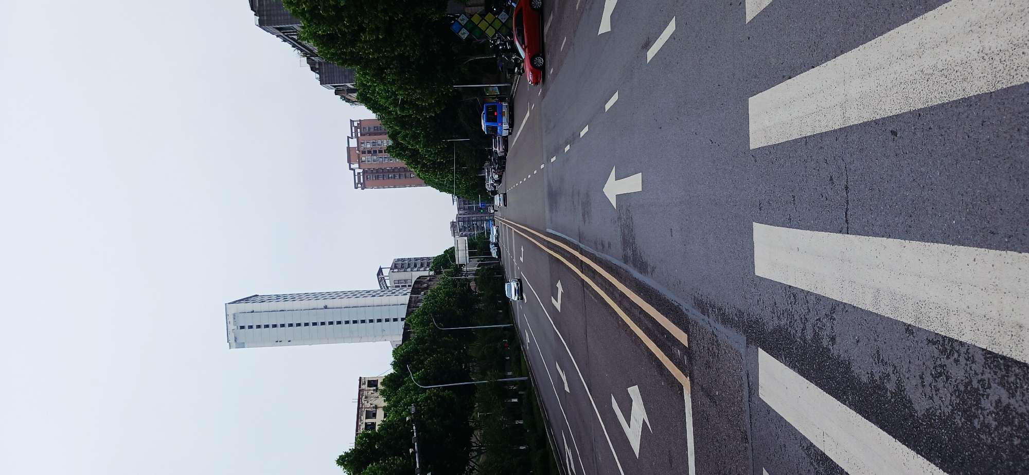 The image depicts a street scene in Jiulongpo District, China. The road is asphalt, marked with white directional arrows, lane dividers, and a crosswalk. A double yellow line marks the median. Buildings of varying heights line the left side of the street, interspersed with trees. Several vehicles, including cars and a bus, are parked or moving along the road. The sky is overcast.