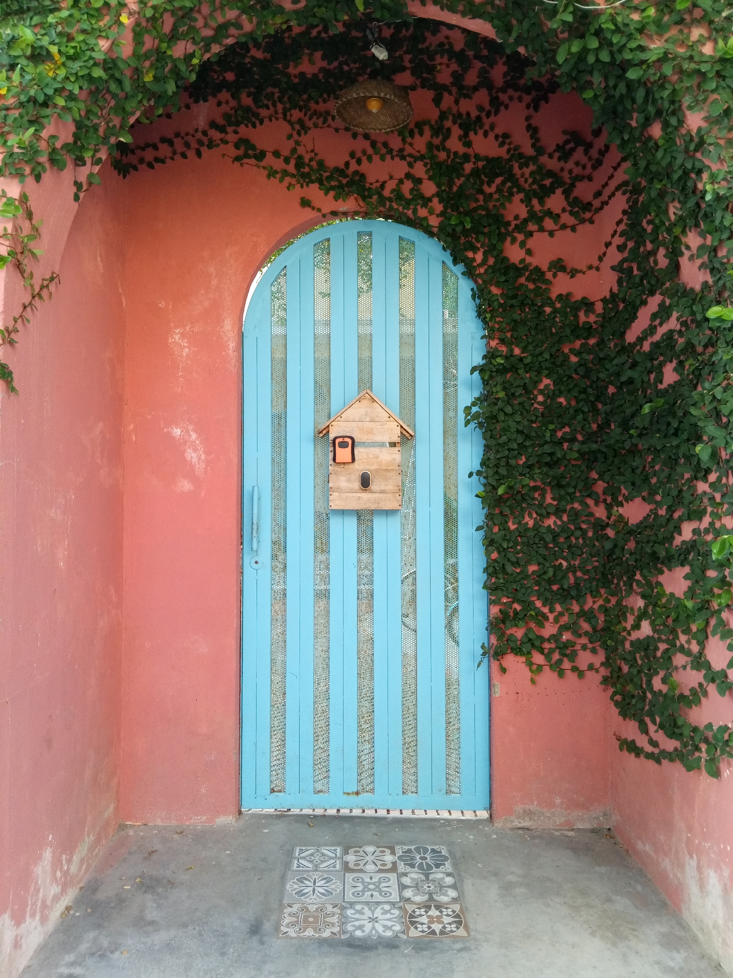 The image shows the entrance to a building or courtyard in what may be Bắc Nha Trang, Vietnam. The arched entrance is framed by a salmon-colored wall, extensively covered in climbing green vines. A light blue, vertically slatted door, adorned with a wooden birdhouse-shaped mailbox, stands at the center. The floor is a gray concrete surface with decorative tiles just outside the door. There are no people visible. The overall impression is one of a rustic or bohemian architectural style.