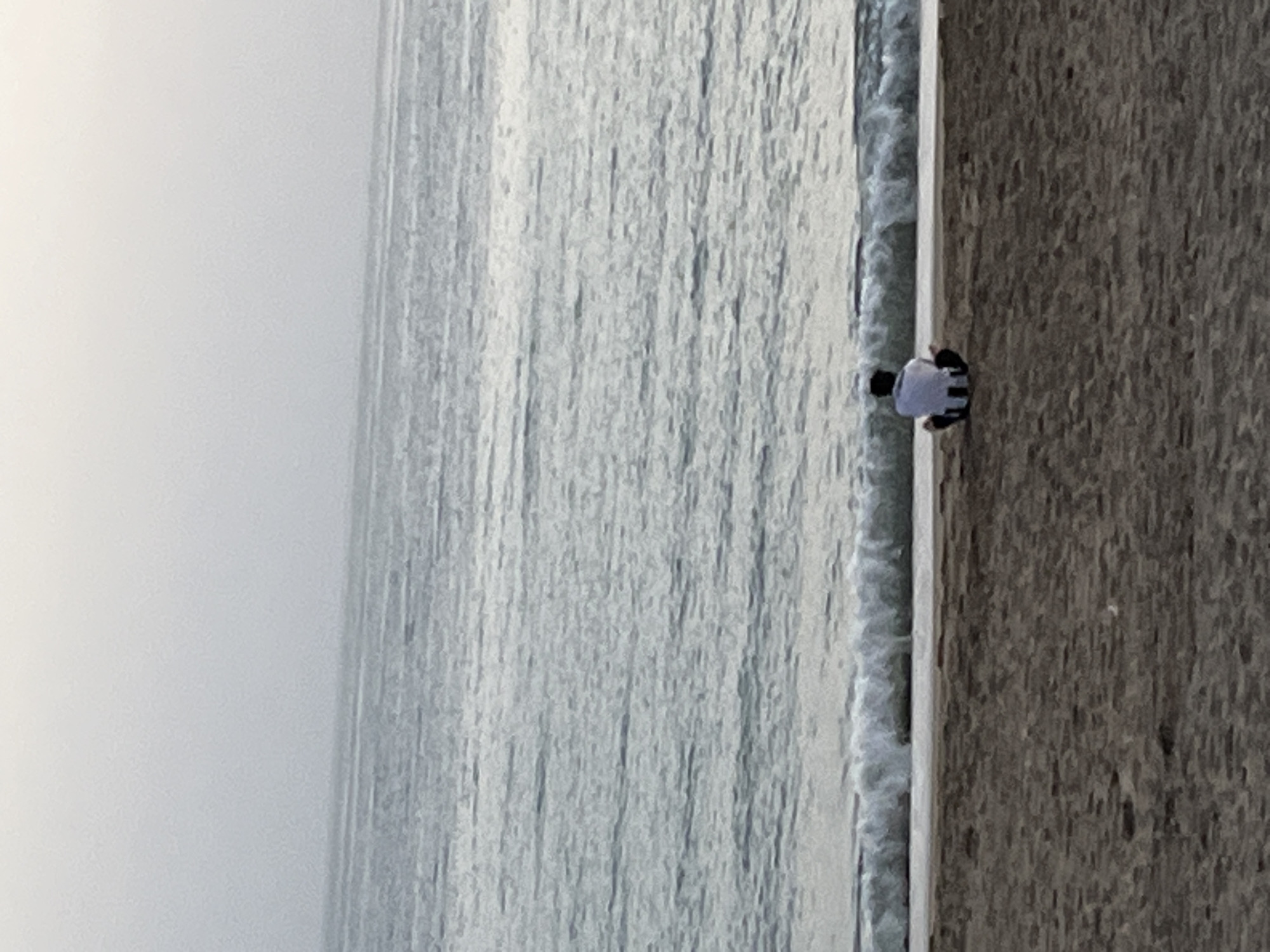 An aerial shot, rotated 90 degrees, depicts a beach scene in Alanya, Turkey. The sea occupies the left and center of the frame, its surface exhibiting subtle ripples. A person, viewed from above, stands at the edge of the shoreline where the water meets the sand. The sand runs vertically along the right of the frame.