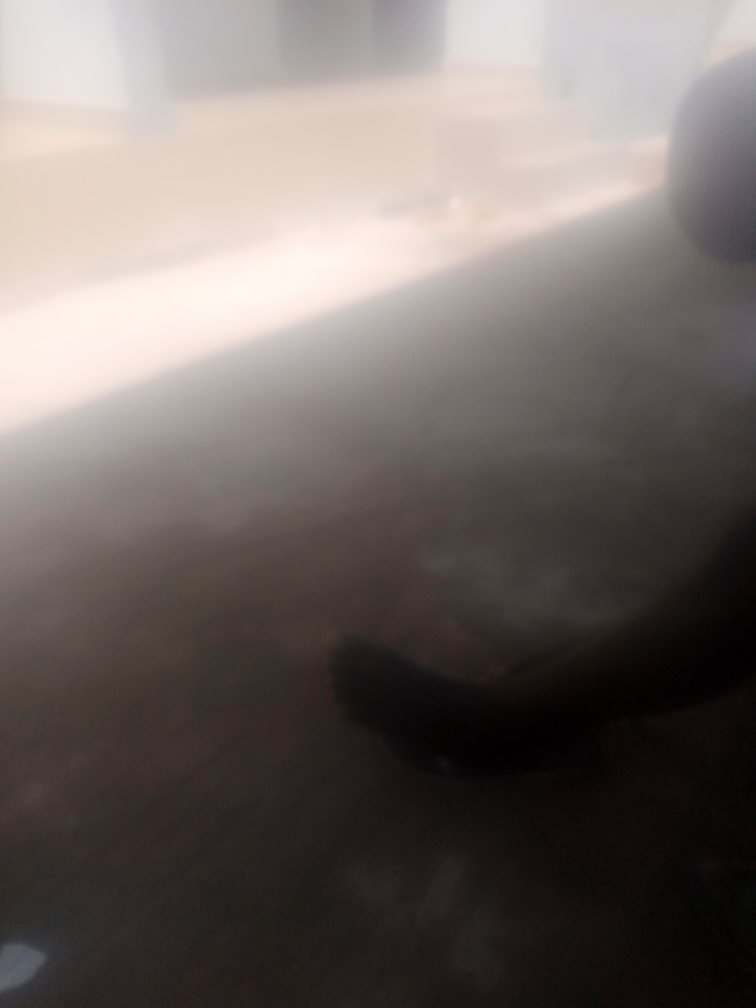 The image shows a close-up of a person's arm and hand resting on a dark surface, likely the ground. The arm is bent at the elbow, and the hand is open, with fingers slightly curled. The surface appears to be rough and textured, possibly concrete or dirt. There is a strong light source coming from the upper left, casting a shadow from the arm and hand onto the surface. The background is blurred and out of focus, but appears to be a light-colored wall or building.