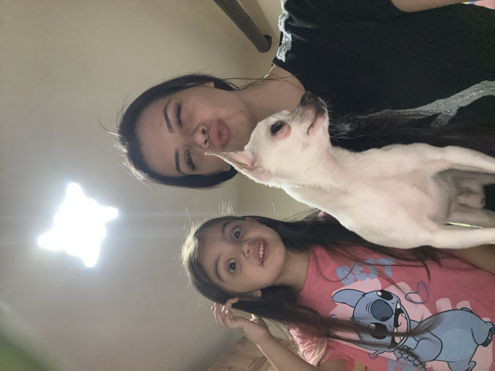 A low-angle indoor shot features a woman, a young girl, and a white dog. The woman, positioned at the top of the frame, is making a kissing face. The girl, wearing a pink shirt with a blue cartoon character print, is looking towards the camera and smiling. A small, white dog is positioned between them, looking upwards. The room appears to be illuminated by an overhead light. The location is unknown.