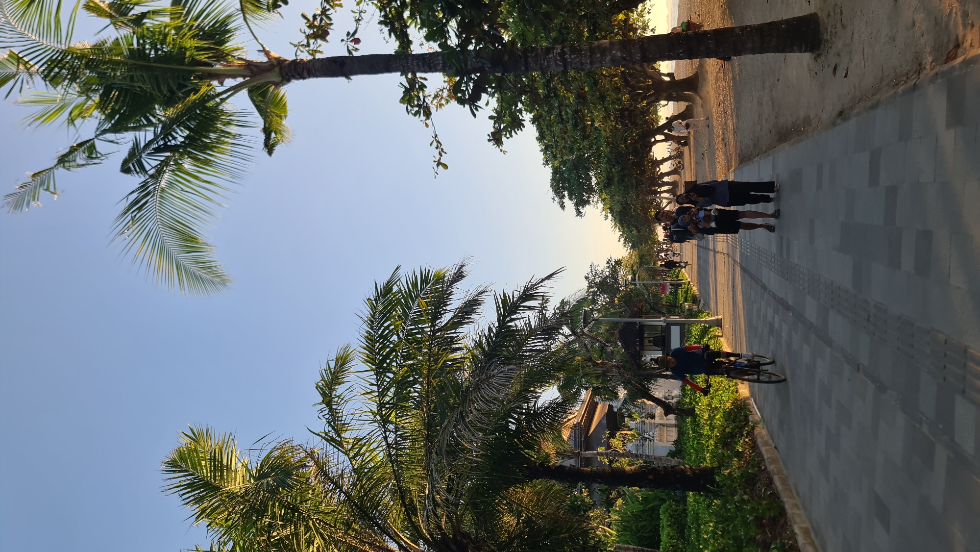 A man rides a bicycle along a paved walkway lined with palm trees and lush greenery. The walkway is parallel to a sandy beach, where several people are visible in the distance. The scene appears to be at a beach resort in Denpasar, Indonesia, as indicated by the presence of palm trees, tropical vegetation, and a clear blue sky. The sun is setting, casting a warm glow over the scene.