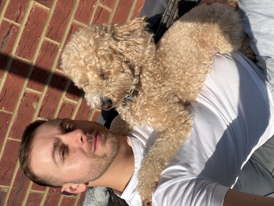 A male individual, appearing in his late 20s to early 40s, with short brown hair and light facial stubble, is seated outdoors in the city of London, United Kingdom. He wears a white short-sleeved t-shirt and light-colored trousers, looking directly into the camera with a neutral expression. Resting on his lap and chest is a light-brown, curly-haired dog, consistent with a Poodle or Doodle breed, wearing a collar with a metallic buckle. The dog's head is turned to the viewer's right, its eyes appear closed or downcast, and its front paws rest on the man's shoulder. The background features a red-brown brick wall and a partially visible dark-colored outdoor furniture item. The scene is illuminated by direct sunlight, casting distinct shadows across the man's shirt and the brick wall.