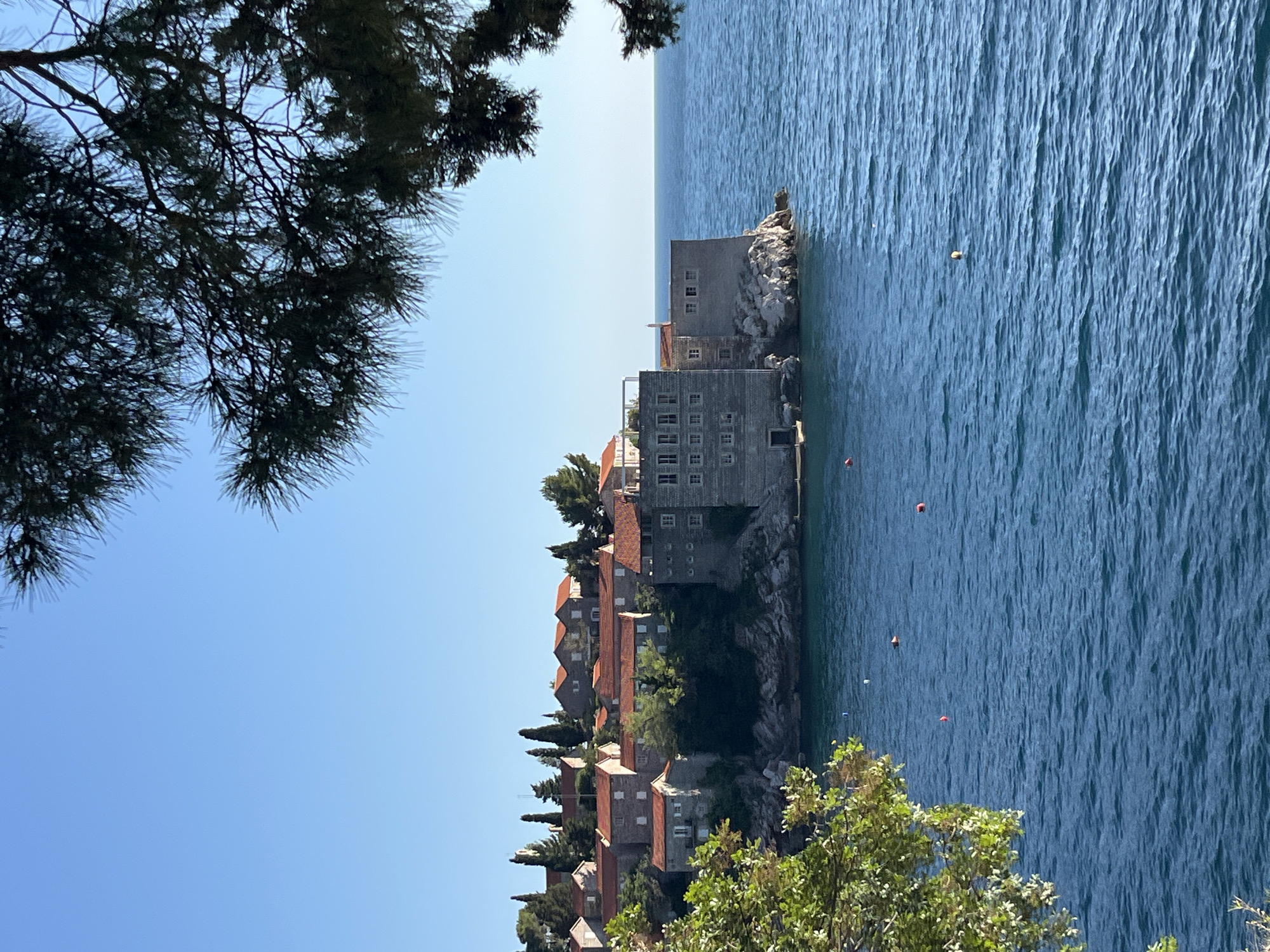 The image presents a detailed view of the coastal settlement of Sveti Stefan, located in Boreti, Montenegro. The settlement is built on a rocky island or peninsula, featuring numerous structures with stone facades and prominent red-tiled roofs. These buildings are densely arranged and ascend the natural incline of the terrain, interspersed with green foliage, including several tall, slender evergreen trees. The architecture appears traditional, with multiple windows visible on the building walls.
The settlement's structures extend directly to the water's edge, resting on rugged, light-colored rock formations that constitute the coastline. The foreground is dominated by the deep blue sea, exhibiting visible ripples across its surface. Several maritime buoys, predominantly red, orange, and white, are scattered across the water. The horizon line is clearly defined, separating the calm sea from the expanse of a clear, unclouded blue sky. Dark green, needle-like foliage, consistent with pine branches, partially frames the upper right and lower left corners of the scene. No human figures are present within the captured frame.