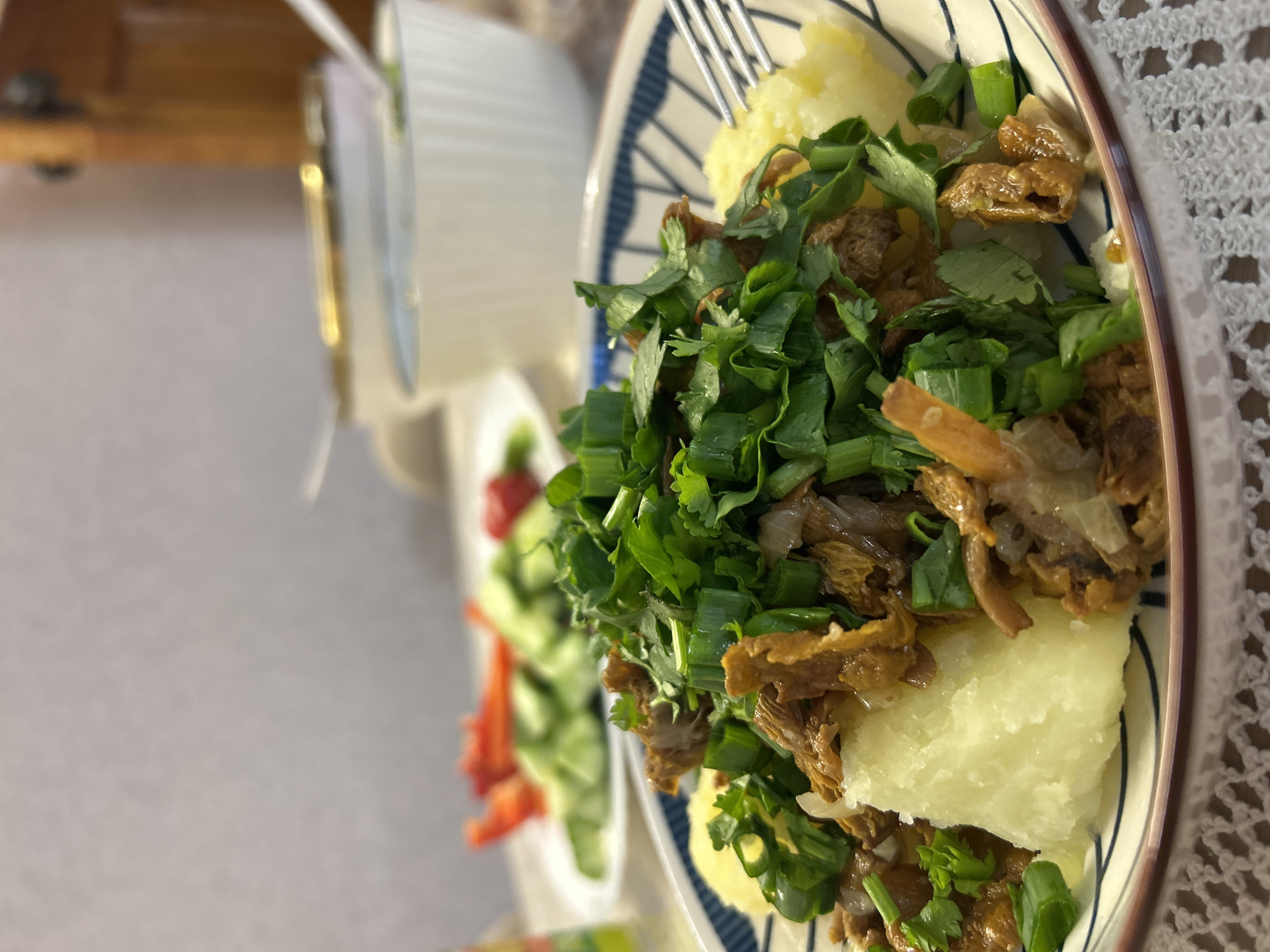 A plate of food is shown in close-up, rotated so that the dish sits diagonally across the frame. The meal appears to consist of boiled potatoes topped with what looks like stewed meat and chopped green onions and cilantro. A fork is partially visible, sticking into the potato.
In the blurred background, there is a second plate of what looks like sliced cucumbers and bell peppers. There is also a white bowl. The location is not discernible from the image.