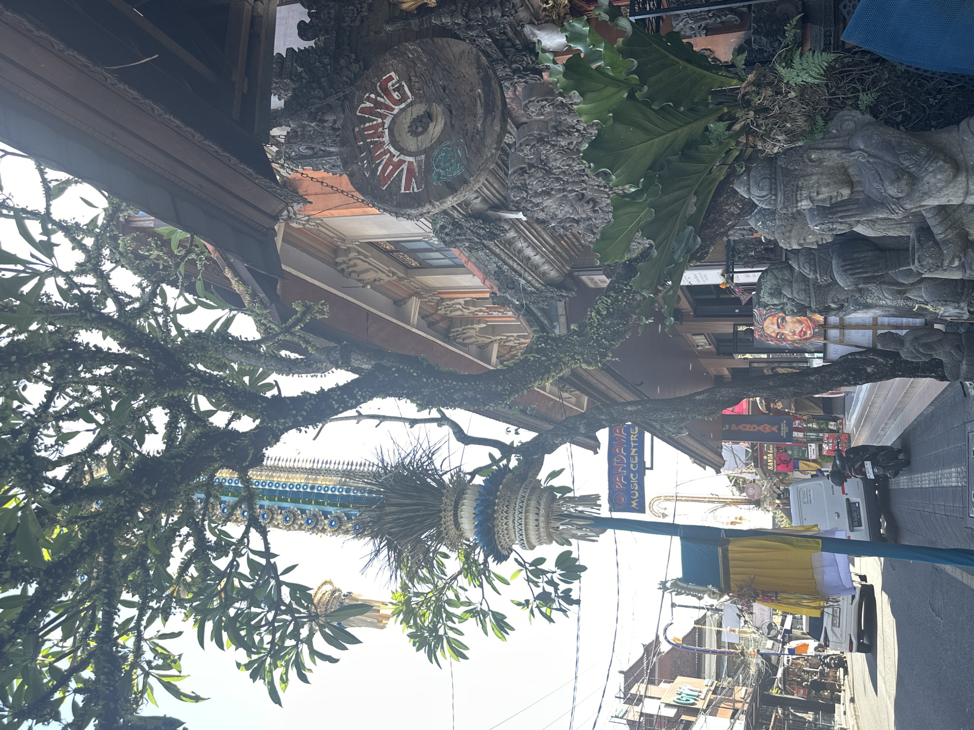The image depicts a street scene in Ubud, Indonesia, likely in a commercial area given the storefronts and signs. A large tree with mossy branches dominates the foreground, partially obscuring the view of the buildings. Hanging from a pole in front of the tree is a decorative Balinese offering, a "canang sari" combined with a taller bamboo structure, adorned with woven palm leaves, blue and yellow fabric, and feathers.
To the right, a traditional Balinese building features ornate wooden carvings and a round wooden sign with red lettering that appears to say "Wanang" and depicts a green turtle. Below this, several stone statues of Balinese figures are lined up, with one large-leafed plant situated behind them. A painting of a woman's face is also visible leaning against a display.
The street itself is paved with grey bricks. A white van is parked on the right side of the street, and a black motorcycle is parked on the sidewalk. Further down the street, other shops and businesses are visible, along with more decorative elements and a white car. The sky is bright and appears to be clear. The overall impression is a vibrant, culturally rich streetscape in a tropical setting.