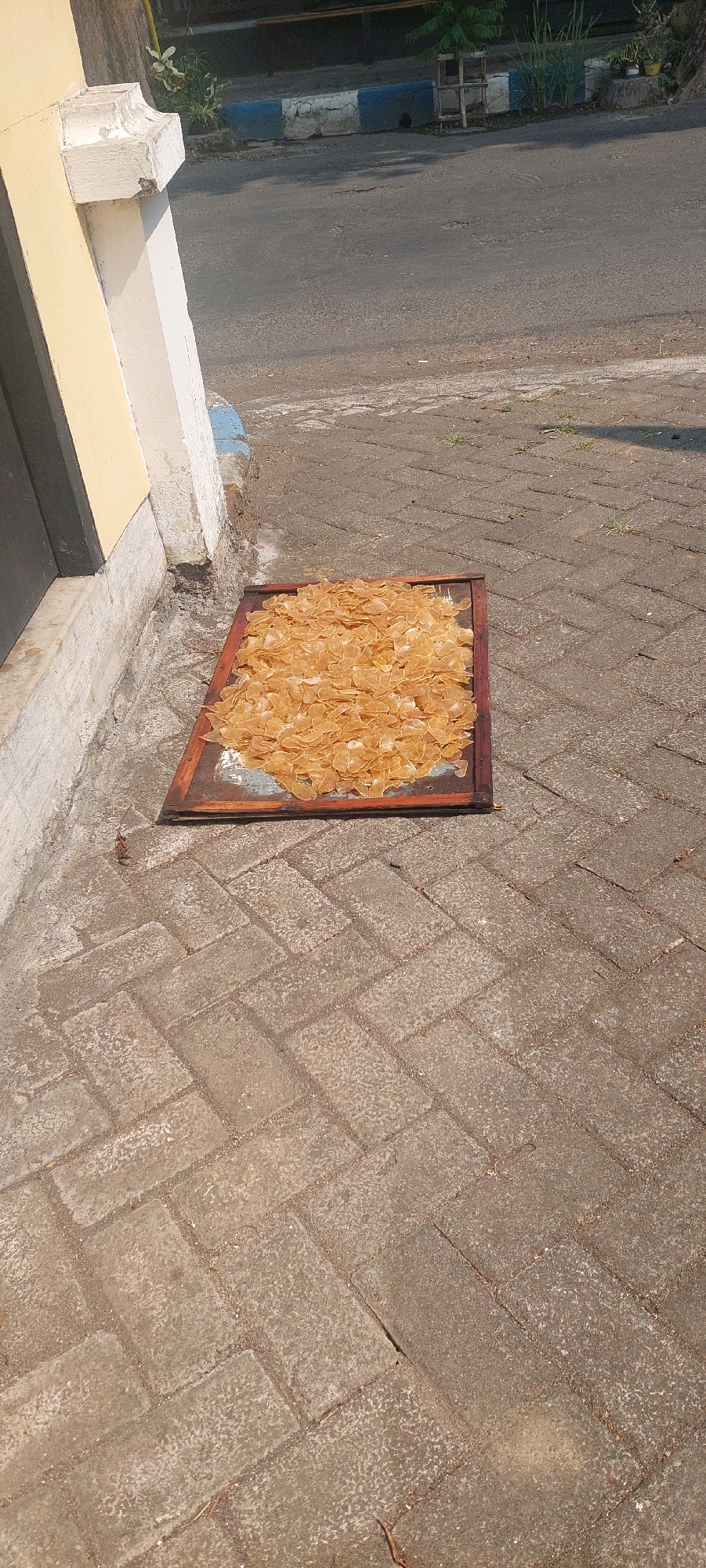 In Jogoyudan, Indonesia, a rectangular tray filled with light brown crackers is placed on a herringbone patterned brick walkway. The tray has a dark brown wooden frame. The crackers are thin and irregularly shaped. To the left of the tray, a cream-colored wall with a dark gray door is visible. The walkway transitions to a dark asphalt road in the background. The scene is illuminated by bright sunlight, casting shadows.