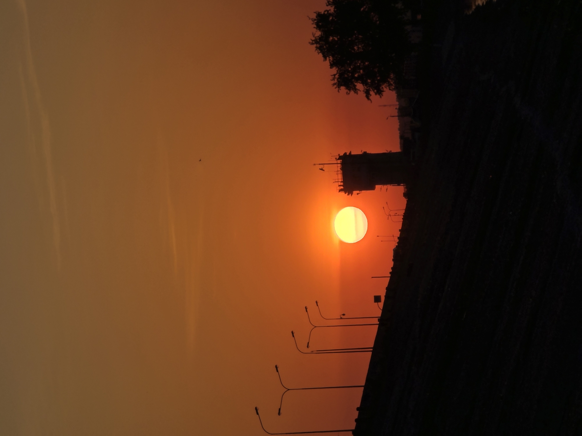The image shows a sunset over the city of Chaikovsky, Russia. The sun is a bright orb in the center of the frame, partially obscured by the silhouette of a building with antennas and what appears to be scaffolding or construction at the top. A tree with bare branches is seen on the right, above the building. In the lower part of the image, several streetlights stand along what is likely a road or embankment. The sky transitions from a lighter orange at the bottom to a deeper red-orange near the sun. The right side of the image is dominated by a large, dark shape, possibly a wall or embankment, obscuring the ground below. A small bird or insect is visible in the sky to the left of the building. The photo is oriented vertically.