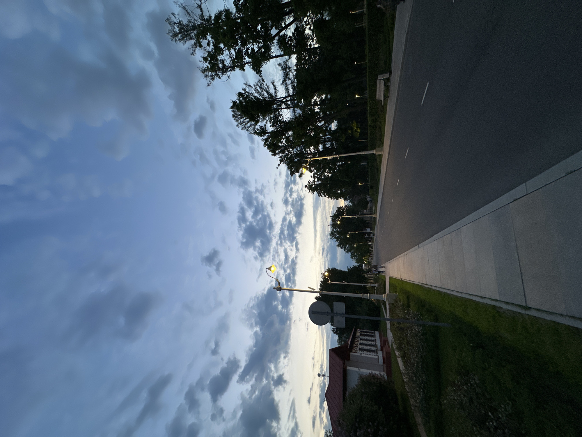 The image depicts a tranquil street scene at twilight, presumed to be in Moscow, Russia. The sky dominates the upper portion, filled with a dramatic array of clouds ranging from soft blue hues to darker grey formations, suggesting either dawn or dusk. Several streetlights along the road are illuminated with a warm yellow glow, further indicating the low-light conditions.
A paved asphalt road, marked with faint white dashed lines, extends from the foreground into the distance on the left side of the frame. Parallel to the road on the right is a light-colored sidewalk, followed by a strip of green grass. A dense line of tall, leafy trees borders the right side of the scene, creating a natural canopy and casting deep shadows.
In the mid-ground, a prominent streetlight stands illuminated, and near it, a circular road sign is partially visible. Towards the bottom right, a portion of a building with a reddish-brown roof and light-colored walls can be seen peeking from behind the greenery. In the far distance, on the sidewalk, a few indistinct human figures are faintly discernible, but no significant activity or event is actively taking place.
The overall atmosphere is calm and serene, with the cloudy sky adding a sense of depth and peaceful drama. No visible text is legible within the image.