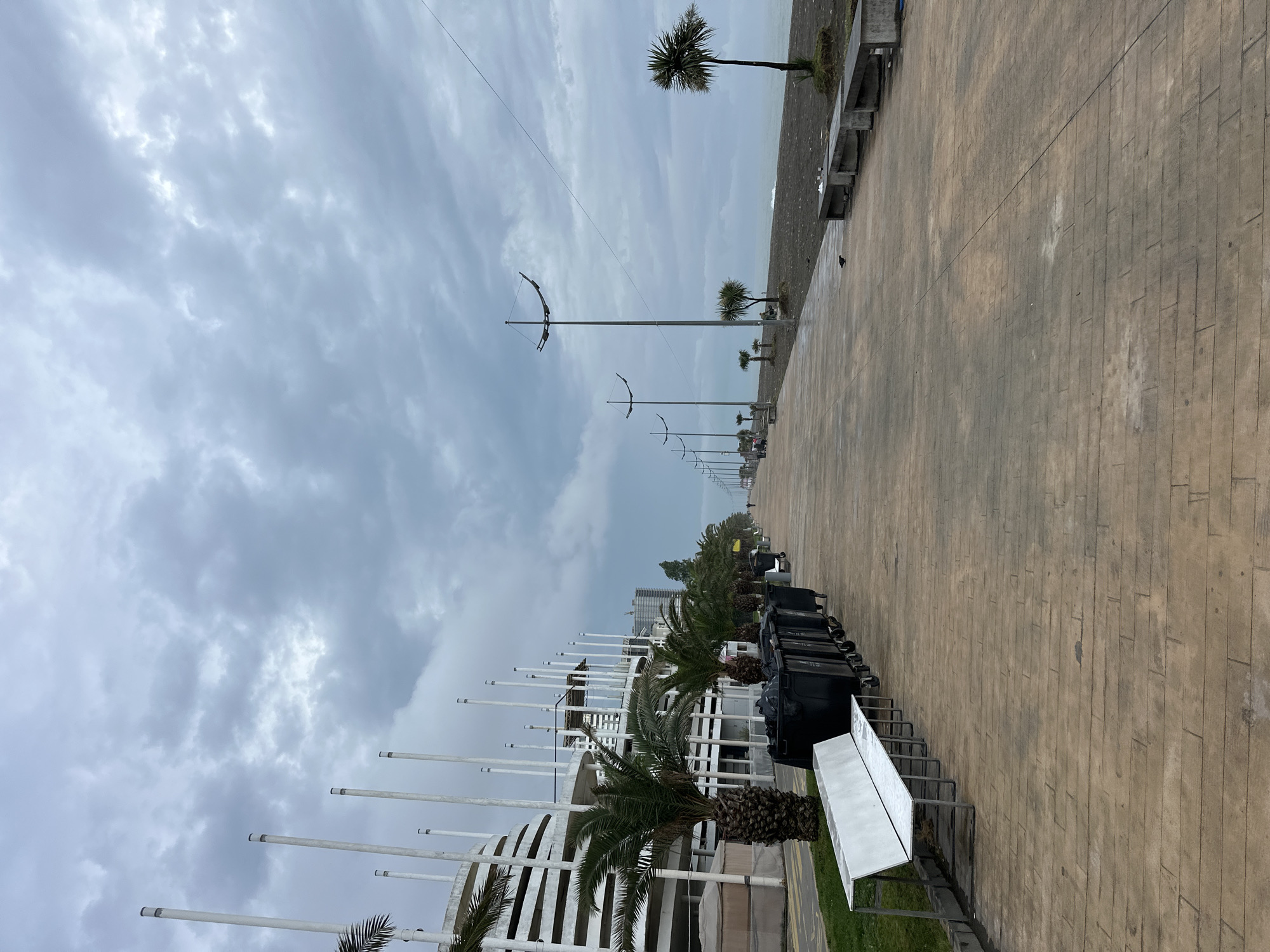 The image depicts a street scene in Batumi, Georgia, on a cloudy day. The ground is paved with rectangular stones. A line of black trash bins is situated on one side of the street. A building with white vertical slats and palm trees is visible to the left. In the distance, the beach and sea can be seen, lined with palm trees and street lights.