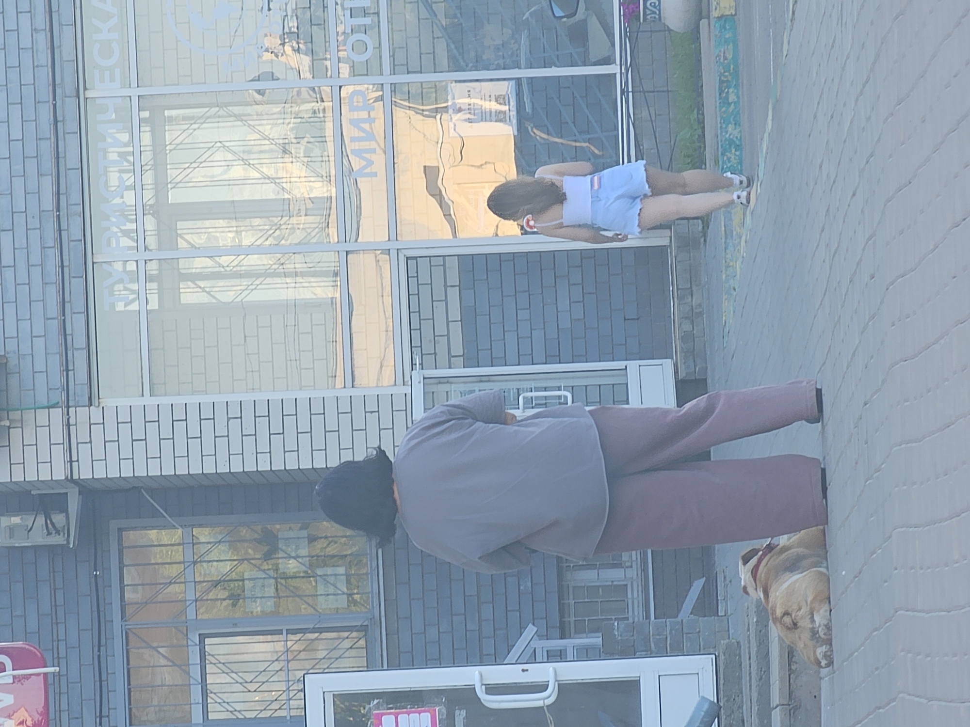 The image shows a street scene in Nizhny Novgorod, Russia. In the foreground, a person with dark hair is wearing a loose-fitting grey top and dark pink trousers. They are facing away from the camera and appear to be looking down. Next to them, a bulldog is lying on the ground. In the background, a young woman is wearing a white tank top and light blue shorts, with white sneakers. She is also facing away from the camera and appears to be walking or standing on a sidewalk. Behind her, a building with large glass windows is visible. Text is visible on the building's windows, including "ТУРИСТИЧЕСКАЯ" and "МИР". The time of day appears to be daytime, and the weather seems to be fair. The scene suggests a casual, everyday moment in an urban environment.