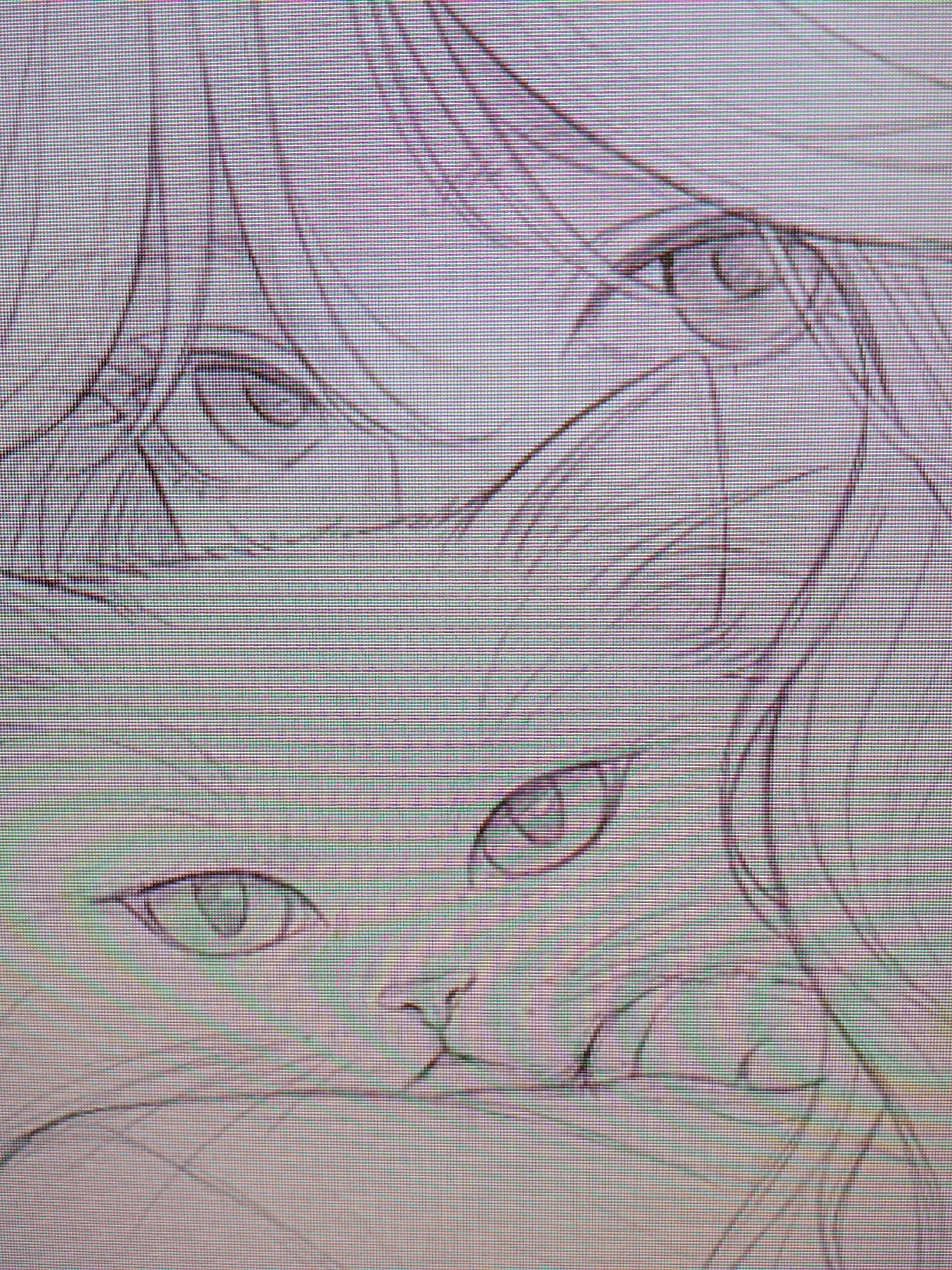 The image shows a close-up sketch of a character or characters, possibly manga or anime style. The top portion of the image focuses on the eyes and hair of one figure. The lower portion reveals another set of eyes and what appears to be a nose and mouth area, suggesting a second figure or a different part of the same figure. The image is a drawing or sketch, and the environment is undefined. The city and location are unknown.