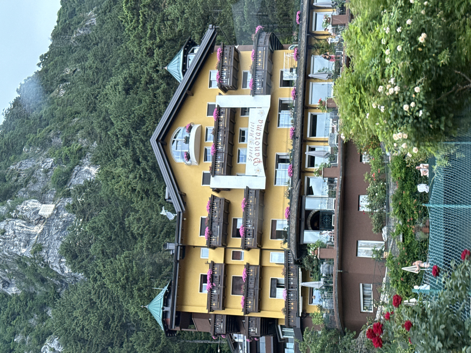 The image shows a yellow hotel named "Sport Hotel Panorama" nestled on a mountainside in Fai della Paganella, Italy. The hotel has multiple levels with balconies adorned with pink flowers. A dense green forest covers the steep mountain behind the hotel. In the foreground, lush greenery and red roses are visible, along with a teal chain-link fence. Several people are present on the hotel's balconies and terraces. The overall scene depicts a scenic mountain resort.
