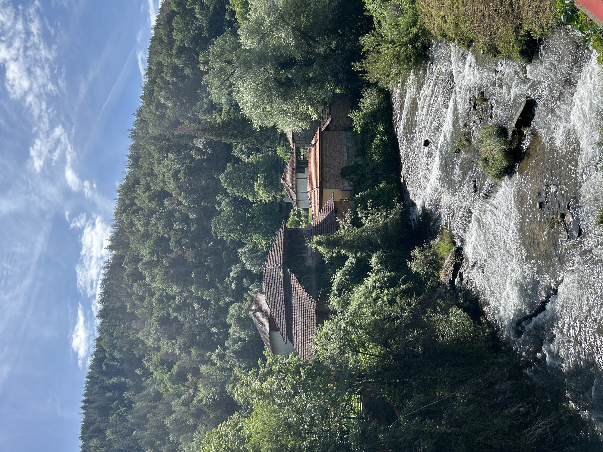 The image captures a vibrant, sunlit landscape featuring a dense forest, a rushing river, and several buildings nestled into a hillside. The scene is dominated by a lush, green forest covering a steep slope, likely a mountain or large hill, which occupies the left and central parts of the frame. The trees appear healthy and full, indicating a thriving ecosystem.
On the right side of the image, a river or large stream flows with significant force, creating white rapids and reflections from the sunlight on its surface. The water appears clear, and some rocks are visible within the streambed.
Several structures, likely houses or lodges, are positioned on the lower part of the forested slope, overlooking the river. These buildings feature distinctive reddish-brown terracotta tiled roofs and light-colored walls, possibly stucco or stone. They are integrated into the natural environment, surrounded by trees and foliage. One house is more prominent in the foreground, while others are visible further back and partially obscured by the trees.
The sky above is bright blue with scattered white, wispy clouds. A faint, linear contrail from an aircraft is discernible across the sky. The bright sunlight suggests it is daytime, likely morning or afternoon, illuminating the entire scene and creating sparkling highlights on the water. No specific activity or people are visible, and there is no discernible text in the image. The overall impression is one of natural beauty and a peaceful, somewhat secluded setting. A small red structure, possibly a railing or part of a bridge, is barely visible in the upper right corner, hinting at a viewpoint or pathway.