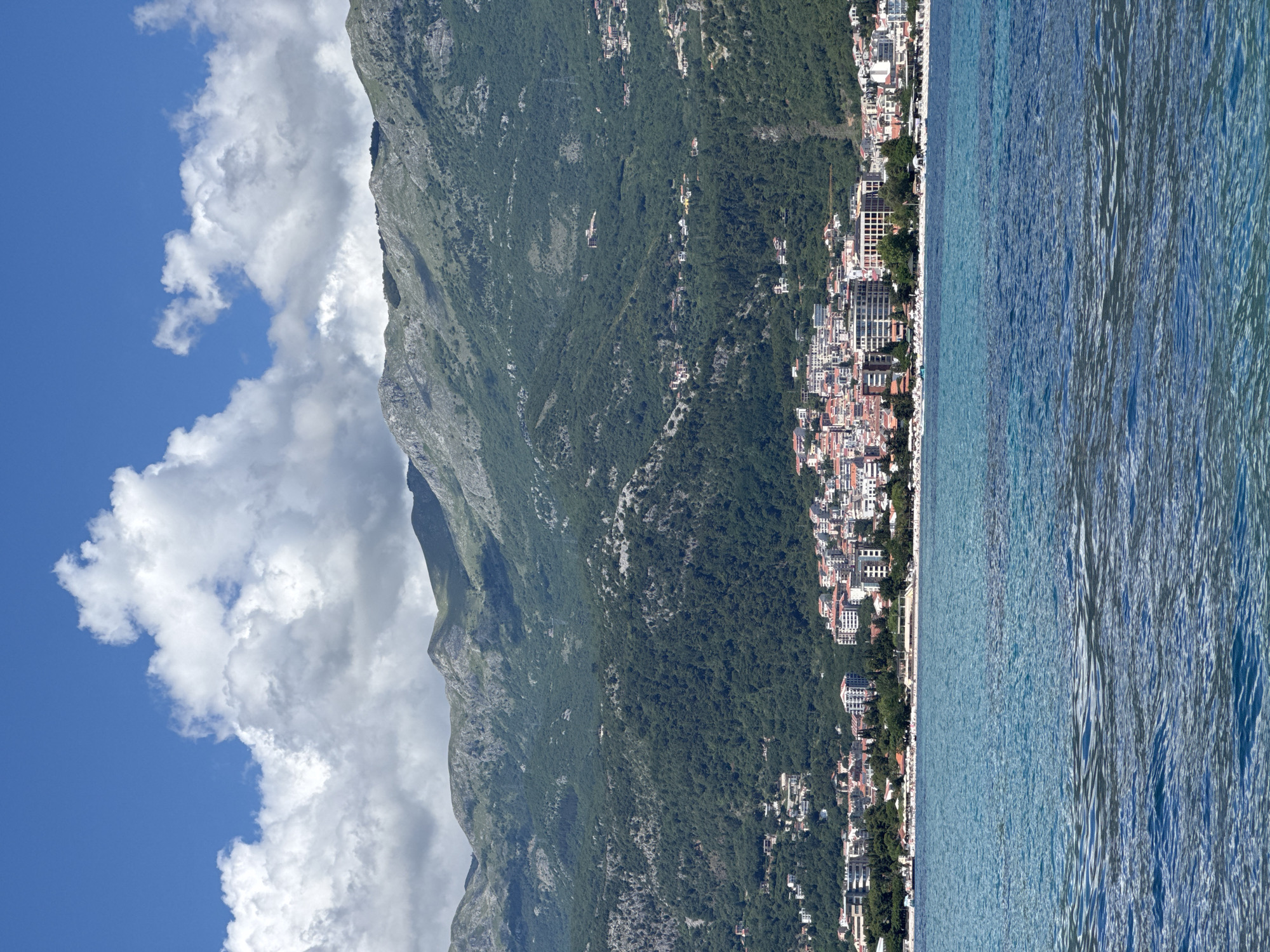 The image displays an elevated panoramic view of the coastline of Budva, Montenegro. Under a bright blue sky adorned with large, white cumulus clouds, a verdant mountain range dominates the left side of the frame, its slopes covered in dense greenery and rocky formations descending towards the sea.
In the middle ground, a sprawling coastal city stretches along the shoreline, characterized by a dense arrangement of buildings. These include numerous multi-story structures, likely hotels and residential complexes, with various roof colors. A narrow strip of beach is visible between the urban area and the sea, dotted with what appear to be sun loungers and umbrellas, indicative of a popular tourist spot. While the presence of people on the beach is implied by the setup, individual figures are not clearly distinguishable.
To the right, the calm, clear waters of the Adriatic Sea extend horizontally, showcasing a beautiful gradient of turquoise and blue hues. The water's surface exhibits subtle ripples, reflecting the bright daylight. The scene is bathed in sunshine, suggesting it is midday or early afternoon with excellent visibility and fair weather conditions. No visible text is present in the image.