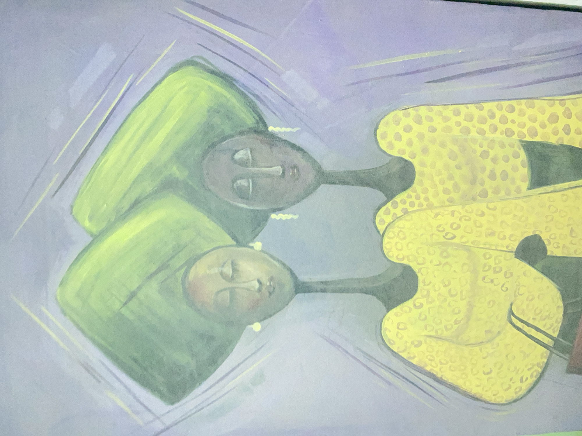 The image is a painting depicting two figures, seemingly reclining or lying down. One figure is adorned in green attire, while the other wears a yellow garment patterned with spots. Both figures have dark skin and elongated necks. They appear to be lying against a lavender or light purple background with lighter, almost pastel-colored diagonal lines. The painting style is somewhat abstract or stylized. Gwagwalada, Nigeria is not depicted or referenced in this image.