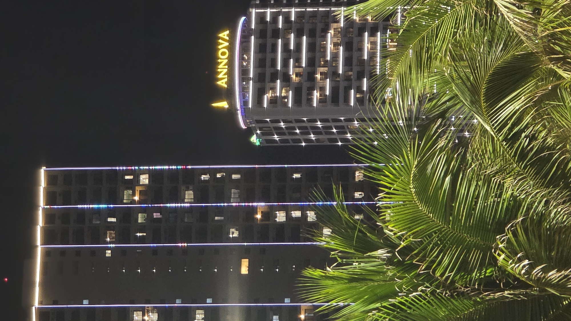 The image displays a vibrant nighttime urban scene in Nha Trang, Vietnam, showcasing two illuminated high-rise buildings partially obscured by lush palm trees. The time of day is clearly night, with a dark sky providing the backdrop.
In the foreground, on the right side, dense green palm fronds dominate the frame, casting a natural shadow and adding a tropical element to the scene.
On the upper right side of the image, a prominent modern building features a large, glowing yellow sign at its top, spelling out "ANNOVA." This building is extensively outlined with bright white strip lighting, emphasizing its architectural shape, and many of its windows are lit, indicating activity within.
Further to the left and slightly behind the foreground building, another tall structure is visible. This building is adorned with horizontal lines of colorful LED strip lighting, which appear to cycle through different hues such as blue, red, and green. A few windows on this building are illuminated, contrasting with the dark majority.
No people are visible in the image. The scene conveys a sense of a lively, modern city by night, characterized by illuminated architecture set against tropical foliage.