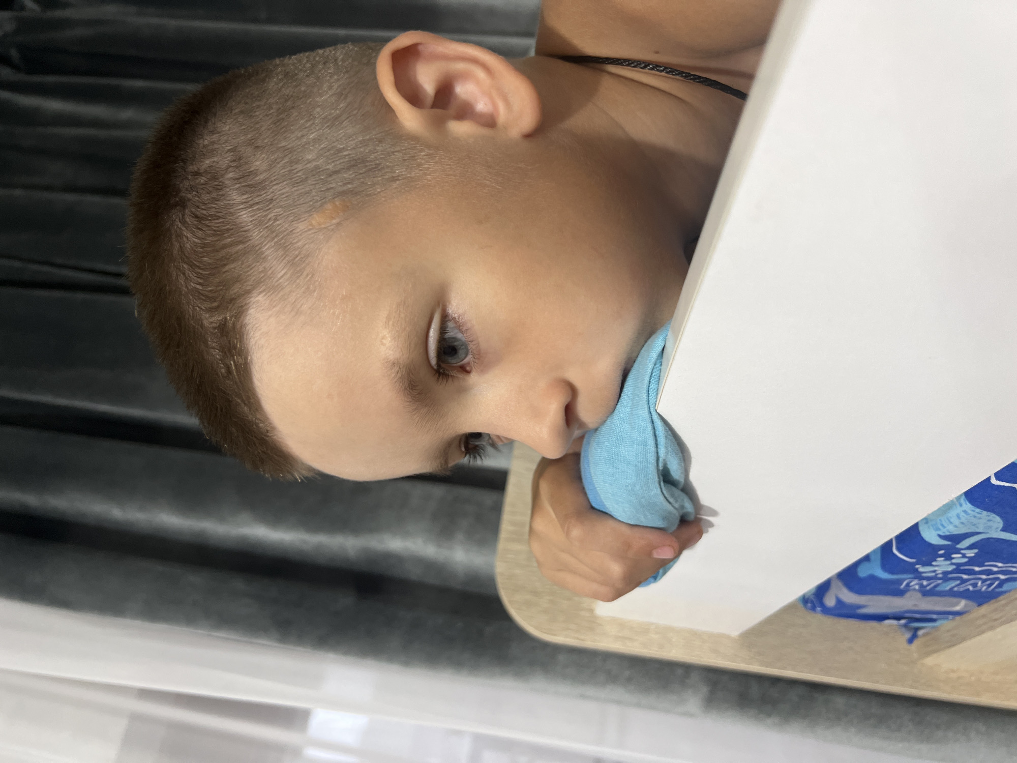 A young boy, likely between 5 and 8 years old, is captured in a close-up profile shot, resting his head on a white railing. He has short brown hair, light blue eyes, and is wearing a dark necklace. His left hand is visible, holding a folded light blue cloth to his mouth. The boy appears to be looking downwards and to the left, with a contemplative or perhaps sad expression.
The environment suggests an indoor setting, possibly a bedroom or a play area. Behind the boy, dark gray curtains are visible, partially obscuring a window. The railing he is resting on appears to be made of light wood and white material, possibly part of a bed or a crib. A blue cloth with a marine-themed pattern is tucked underneath the railing.
The scene is brightly lit, with the light source appearing to come from the left, casting a soft glow on the boy's face. The image is shot from a slightly elevated angle, looking down at the boy.
While the image itself does not provide direct clues to its location in Марковский, Russia, the presence of typical household items and the general appearance of the setting are consistent with a residential area within any city or town.