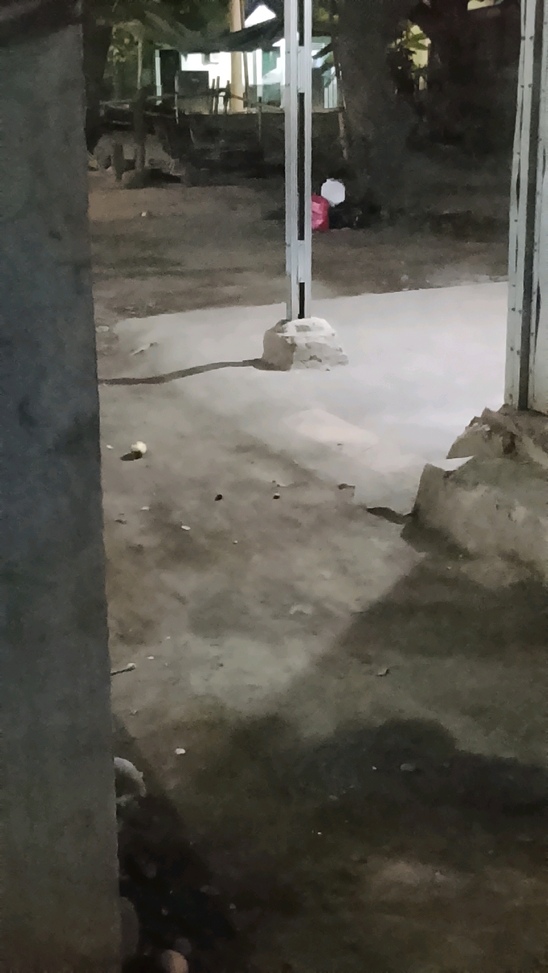 The image shows an outdoor scene at night, likely in the city of Ujungrusi, Indonesia. The foreground is dominated by a concrete pathway with scattered debris. To the left, a rough concrete wall partially obscures the view. In the mid-ground, a metal pole stands on a concrete base, casting a shadow on the ground. To the right of the pole, a pink and white object, possibly a bag or trash, is visible. Further in the background, there appears to be a structure with some lighting, and trees are visible. The overall impression is one of an unkempt, possibly commercial or public outdoor space at night.
