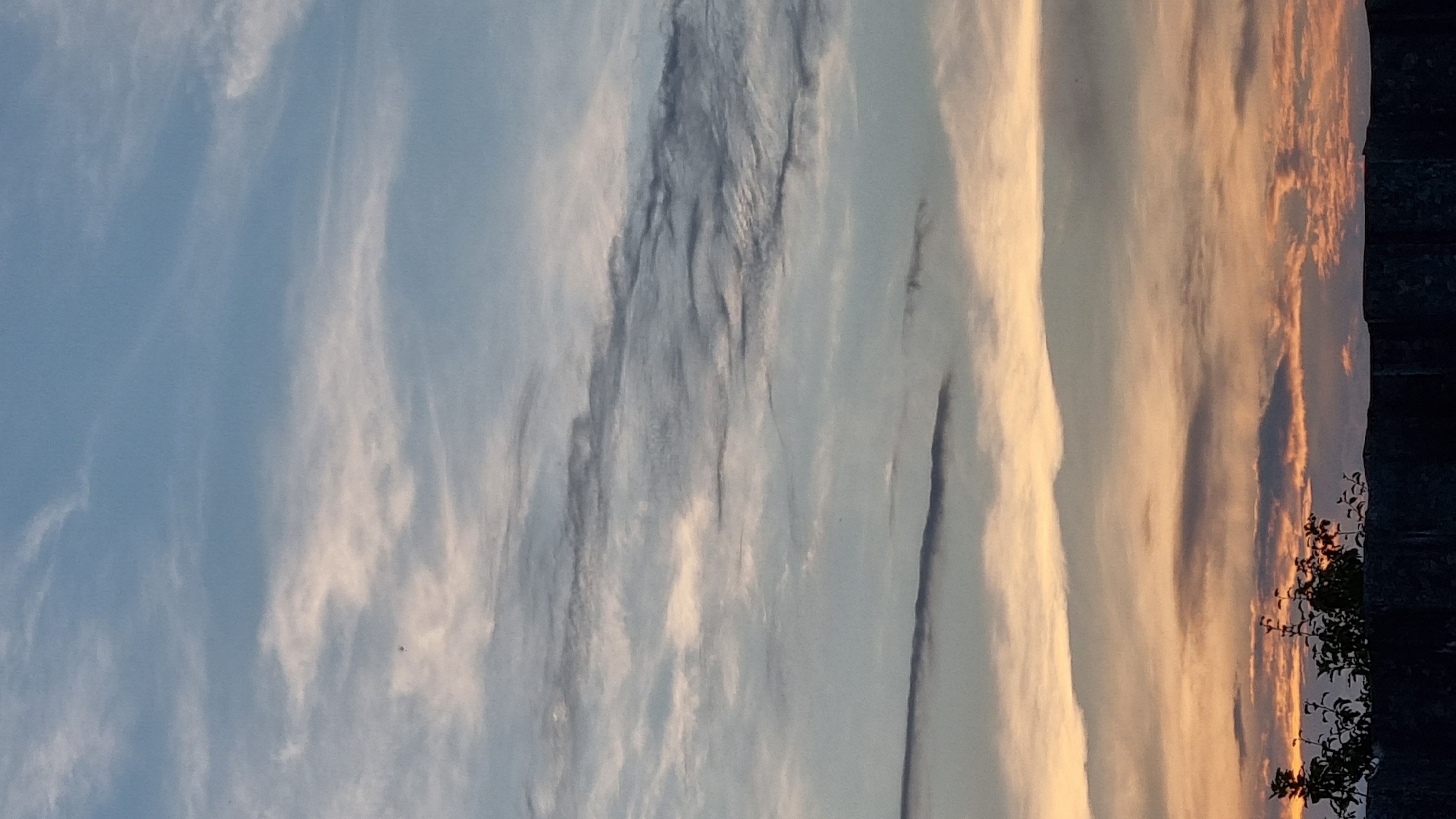 The image depicts a sunset scene in the city of Vysokoe, Russia. The sky is filled with a variety of clouds, ranging from wispy cirrus formations in the upper blue expanse to more textured and layered clouds closer to the horizon. These clouds are illuminated by the setting sun, casting hues of orange, pink, and yellow across the sky, particularly in the lower portion of the image. Below the sky, a dark silhouette of a fence is visible, with some foliage from trees or bushes extending above it. The overall atmosphere is serene, characteristic of a twilight setting.