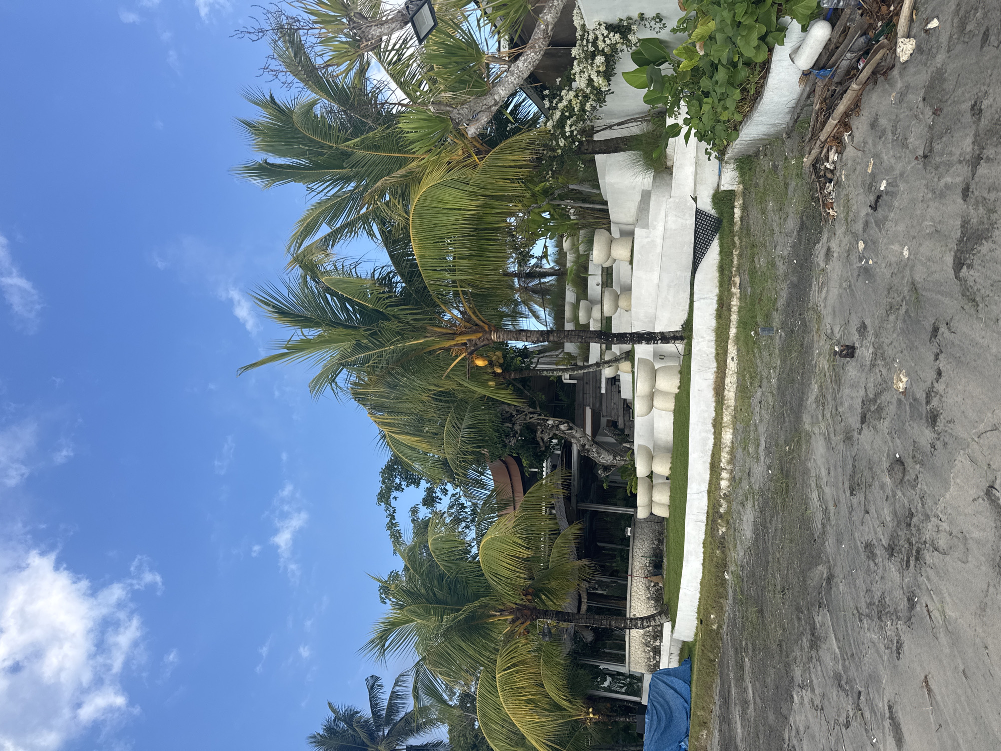 A view of a resort-like establishment on a beach in Nusa Penida, Indonesia, under a bright blue sky with scattered clouds. The foreground is a dark, sandy beach with scattered debris, including driftwood and plastic bottles. A white-walled structure with tiered seating and palm trees dominates the middle ground. The architecture appears modern and minimalist, with smooth white surfaces and rounded seating elements. Lush green vegetation surrounds the structure, with white flowers blooming on a wall to the right. In the background, a building with a dark, curved roof is visible, partially obscured by trees. A blue tarp covers an object on the far left. The overall scene depicts a tropical coastal setting with resort amenities.