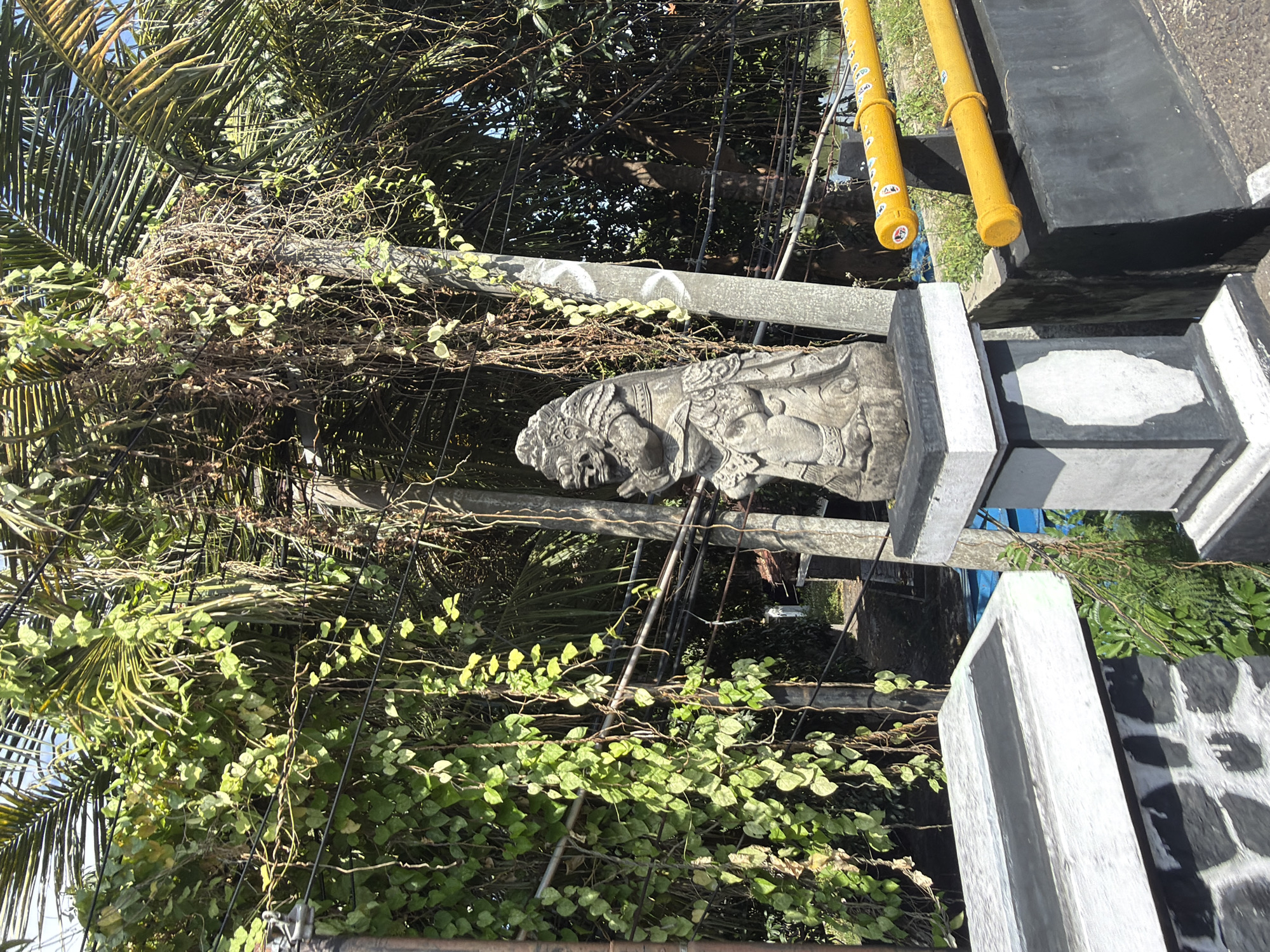 The image captures an outdoor scene in Kuta, Indonesia, likely during the daytime, as indicated by the bright sunlight casting shadows. The primary subject is a stone carving, possibly a mythological creature or deity, set within a lush, overgrown environment. The carving appears to be part of a larger structure, with concrete elements and a metal fence visible.
The carving itself is intricately detailed, with features suggesting a face and possibly armor or elaborate clothing. It is partially obscured by dense foliage, including palm fronds and a profusion of vines with small, heart-shaped leaves. The vines are intertwined with the carving and the surrounding structures, giving the scene a wild and somewhat neglected appearance.
To the right of the carving, there are two prominent yellow cylindrical posts, possibly part of a fence or marker. Adjacent to these are dark, rectangular concrete structures, some of which appear to be a base or plinth for the carving. The background shows more greenery and hints of a blue sky. The overall impression is one of a tropical location where nature is reclaiming man-made structures. There is no visible text in the image.