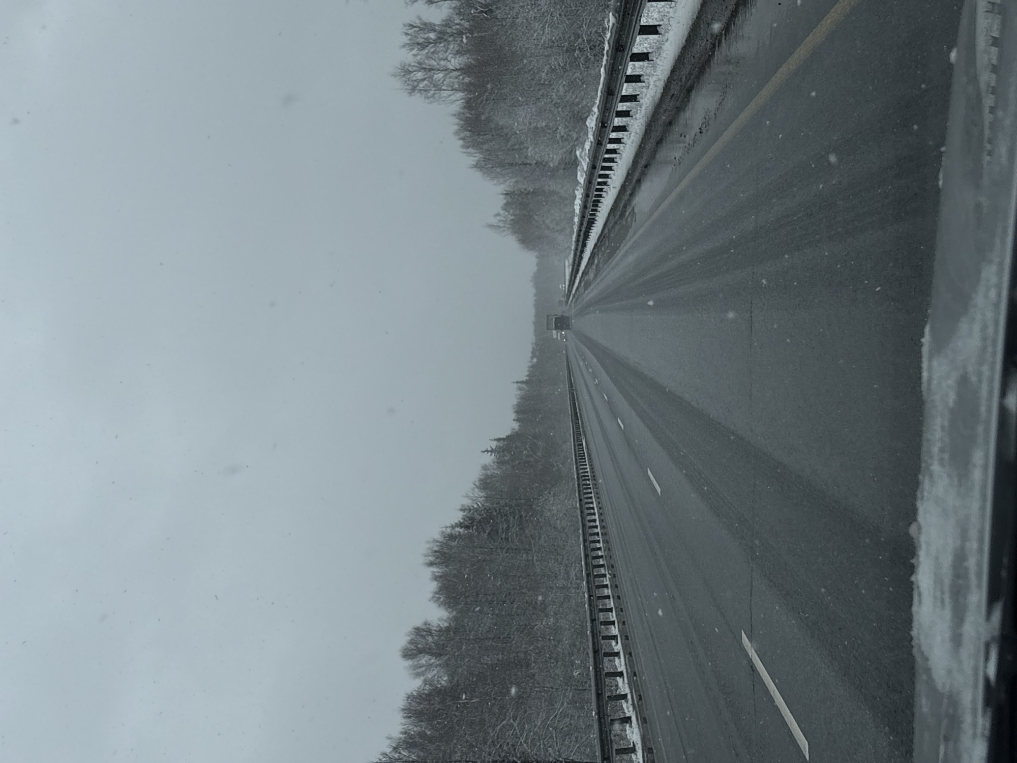 The image depicts a snow-covered highway leading away into a gray, overcast sky. A vehicle is visible in the distance. The highway has multiple lanes and a snow-covered guardrail. Trees border both sides of the road, also covered in snow. There is snow falling. The location is unspecified and there is no indication it is in Krasnokamsk, Russia.
