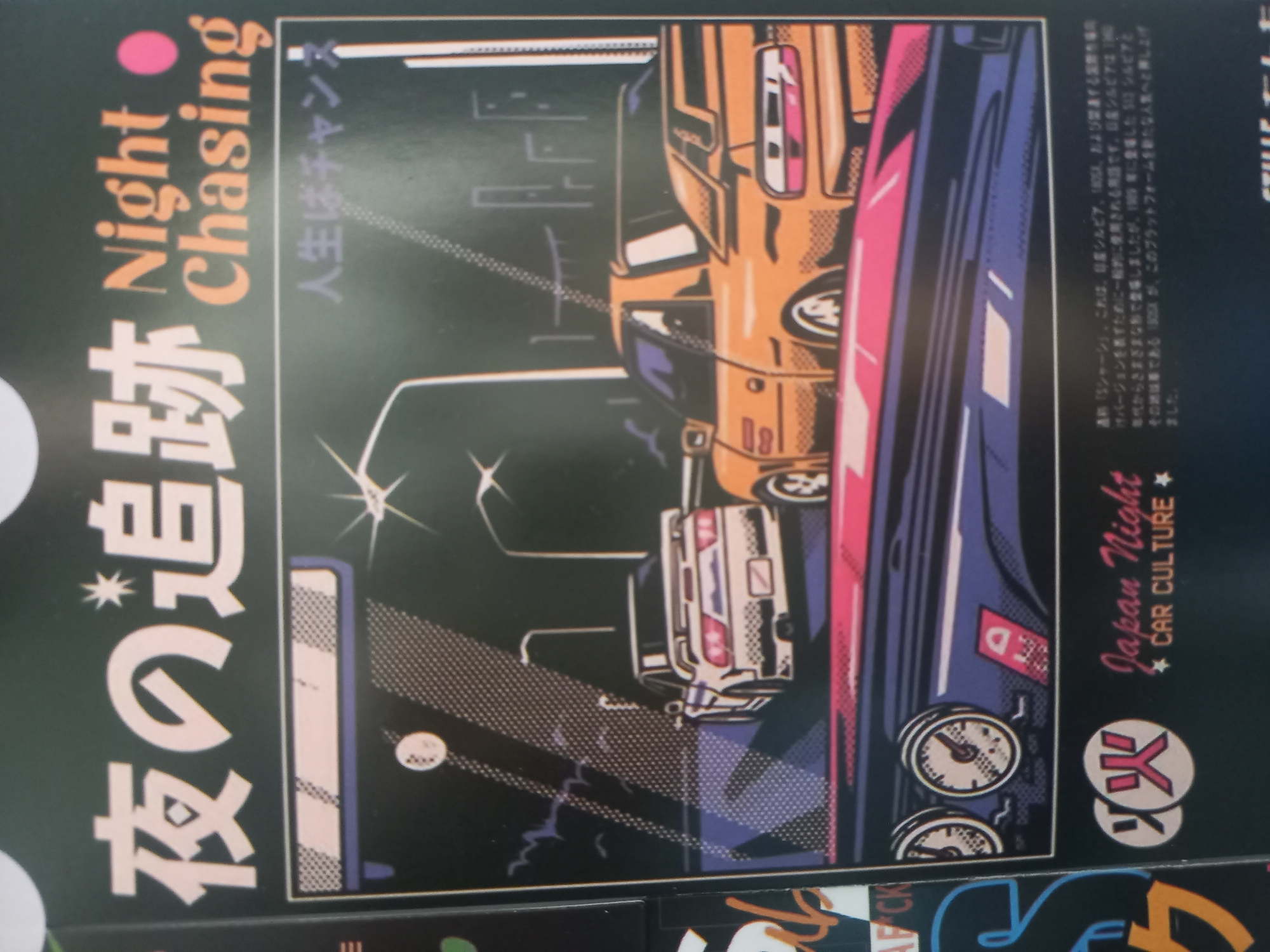 The image is a close-up of a poster with Japanese text and imagery related to car culture. The main focus is on a nighttime street racing scene depicted in a stylized, anime-inspired art style. Two cars, a white Nissan Silvia S13 and an orange Nissan Silvia S13, are racing down a road at night. The poster has the title "夜の追跡 Night Chasing" at the top, with smaller Japanese text below it that translates to "Life is a chance." At the bottom left, there is a logo with Japanese characters and the text "Japan Night CAR CULTURE." A block of Japanese text is visible on the bottom right, which appears to be a description of the cars or the event. The poster's color palette is dark with neon accents and a grainy texture. There is no indication of the poster's location in the city of Parvomay, Bulgaria.