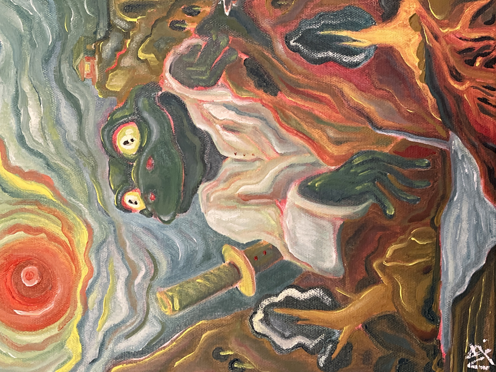The image appears to be a painting. The subject is a frog-like creature with bulging yellow eyes, dressed in what resembles a white kimono. It is holding a katana sword. The style is reminiscent of Van Gogh's "Starry Night," particularly in the depiction of the sky and the sun or moon on the left side of the frame. There's a building visible in the upper left, possibly a stylized pagoda-like structure. The environment is rendered in swirling brushstrokes of browns, greens, reds, and yellows. The bottom right corner has a signature. It is not possible to confirm the location in Krasnoyarsk, Russia from the image.