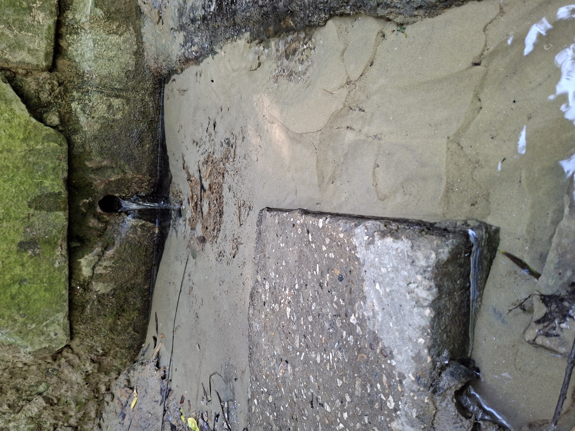 An outdoor, eye-level shot captures a water runoff scene beneath a stone wall covered in moss. A dark pipe extends from the wall, from which a small stream of water is flowing, creating a shallow pool of murky water and sand on the ground. In the foreground, a large, gray concrete slab, broken at the edges and partially submerged, lies to the left. The surrounding area is composed of dirt, sand, and fallen leaves. The image does not depict any people or animals. The scene appears to be a natural or semi-natural environment, possibly a park or a less developed area, but no specific landmarks of Chișinău, Moldova are identifiable.
