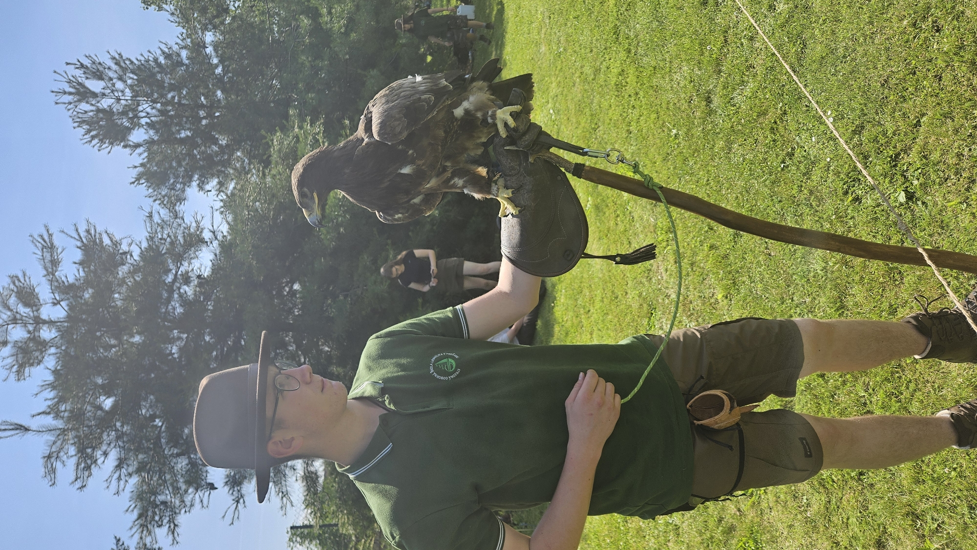 A young man wearing a brown hat, glasses, a green polo shirt with a circular logo, and khaki shorts stands in a grassy outdoor area. He is holding a large bird of prey, possibly a hawk or eagle, perched on a leather glove on his gloved left hand. The bird is brown with lighter markings on its chest and has sharp talons. A thin green rope is attached to the bird's leg and extends to the man's hand. A small leather pouch is attached to the man's shorts. Behind the man, two women are visible in the background. One woman in a black shirt and skirt is standing, and another person wearing a hat and camouflage clothing is walking. The environment appears to be a park or open field with trees in the background. The lighting suggests it is daytime with bright sun. The scene is likely part of an educational demonstration or an outdoor event. There is no specific indication of this location being in Prešov, Slovakia, and any assertion of such would be speculative.