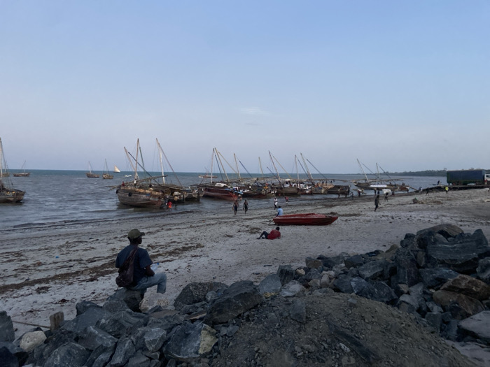 The image displays a coastal scene in Bagamoyo, Tanzania, likely during the late afternoon or early evening under a clear, light blue sky. The setting features a sandy beach meeting a calm body of water, possibly a bay or sheltered harbor.
Numerous traditional wooden sailing boats, characteristic of dhows, are the prominent objects in the midground. Many are docked in the shallow water or beached along the shore, displaying their distinct masts. Some boats further out in the water show partially unfurled white sails. The water is relatively calm, reflecting the soft light of the sky.
In the immediate foreground, a person, appearing to be an adult male, sits on a large, dark angular rock, facing away from the viewer and observing the maritime activity. He is dressed in a dark shirt, light trousers, and a cap, with a backpack on his shoulders. A sizable pile of similar dark rocks occupies the lower right portion of the foreground.
Scattered across the sandy beach and near the boats are several other individuals. Some appear to be working or engaged in activities near the water's edge, while one person is seen relaxing, lying down on the sand next to a bright red small boat that is beached. Further to the right, a large green truck or container vehicle is visible on an elevated patch of land near the water.
The scene suggests daily life and industry in a coastal community, with the boats likely used for fishing or local transport. The atmosphere appears tranquil and contemplative, with the soft lighting enhancing the sense of dusk or approaching evening. There is no visible text in the image.