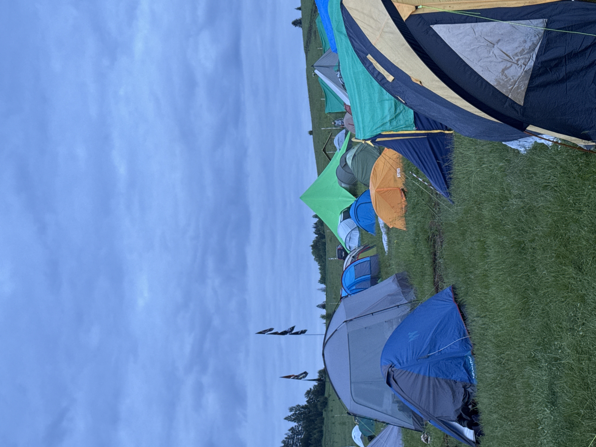 This image depicts a large open field utilized as a campsite in Большая Кивара, Russia, under an overcast, pale blue-grey sky with diffuse lighting. The ground is covered with green grass. Numerous camping tents of various sizes and colors are pitched across the field.
In the immediate foreground, a dark blue and grey dome tent, partially unzipped, is visible on the left. To its right, a dark blue and yellow dome tent with a light grey triangular window is prominently featured. In the mid-ground, a large grey dome tent stands left of center, with a bright green pyramidal tent to its right. Other tents, including smaller orange, blue, and green shelters, are scattered throughout the mid-ground. Two poles with multiple dark flags or banners are erected in the mid-ground, slightly to the left of center. A single individual, clad in light-colored clothing, is faintly visible standing among the tents further back, slightly left of the green pyramidal tent. In the far mid-ground on the right, a dark-colored vehicle is parked near the tree line. The background features a dense line of coniferous trees forming a horizon, indicating a forested edge or hill. No specific actions or interactions beyond the general scene of a populated campsite are discernible.