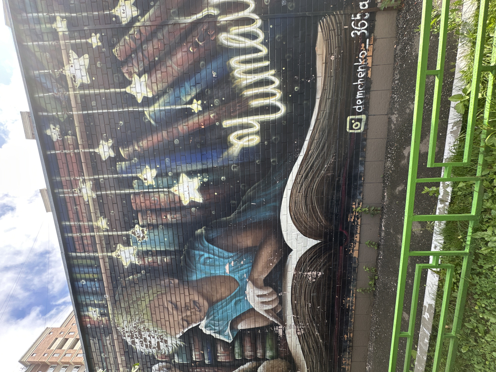 A mural is painted on a brick wall in Podolsk, Russia, depicting a young person engrossed in reading a large, open book. The mural features a stylized background of bookshelves with glowing stars hanging down, illuminated by lightbulbs. The young person is wearing a blue shirt and has blonde hair. A signature, "demchenko_365," is visible on the lower right of the mural. In the foreground, a bright green metal railing is present, with grass and small plants growing around it. A portion of a multi-story building is visible in the upper left of the image.