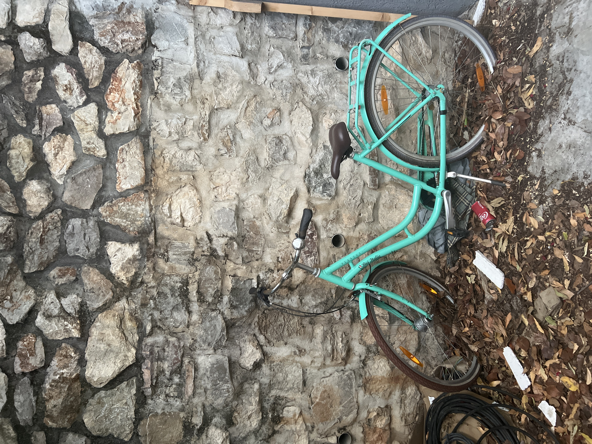 The image shows a turquoise bicycle leaning against a stone wall. The wall has two sections: one made of large, unevenly shaped stones on the left, and another of more uniformly sized stones on the right. The bike has a brown seat and is partially obscured by leaves, trash, and some black cables on the right side. The bike appears to be marked "Bici Italia" and "Pegasus". There are two horizontal circular holes in the stone wall. The location is Budva, Montenegro.