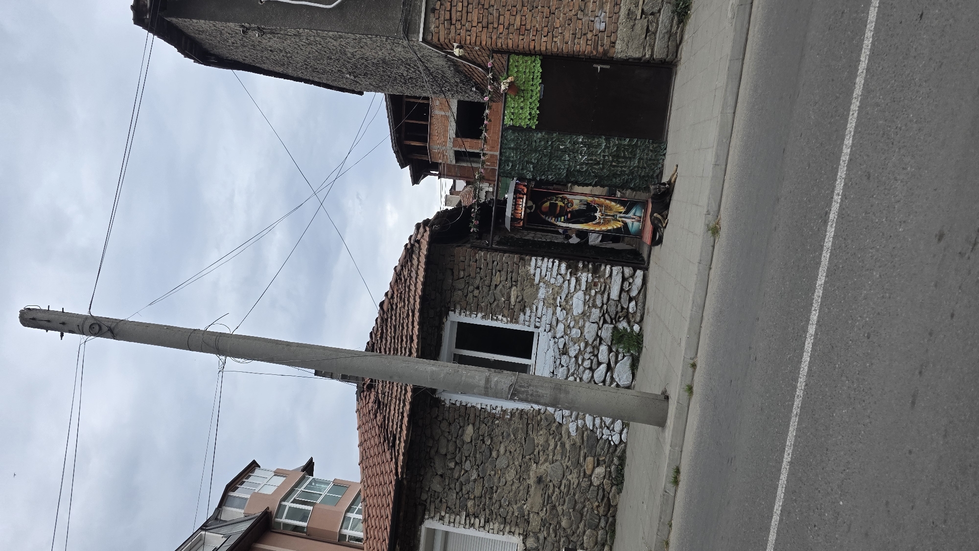 This image captures a street scene in what appears to be an older town, likely Blagoevgrad, Bulgaria, under an overcast sky. A prominent concrete utility pole, positioned on the left, anchors numerous dark wires that crisscross the frame, some appearing loose or disconnected.
On the left side, an old building features a stone facade, partially painted white, and a red-tiled roof with a visible window. To its right, a cluster of diverse structures fills the middle ground. One building showcases exposed red brickwork and a dark, gate-like door, partially adorned with artificial green foliage. A vibrant, vertical sign hangs here, displaying a winged figure, possibly an angel, and the partially visible text "TATTO," indicating a tattoo parlor. Behind these, another brick building with an open upper section and a modern structure with prominent skylights are visible.
To the right, an asphalt road with a clear white dividing line runs parallel to a concrete sidewalk. Small tufts of grass grow through cracks in the pavement. No people or vehicles are present, lending a quiet atmosphere to the daytime scene.