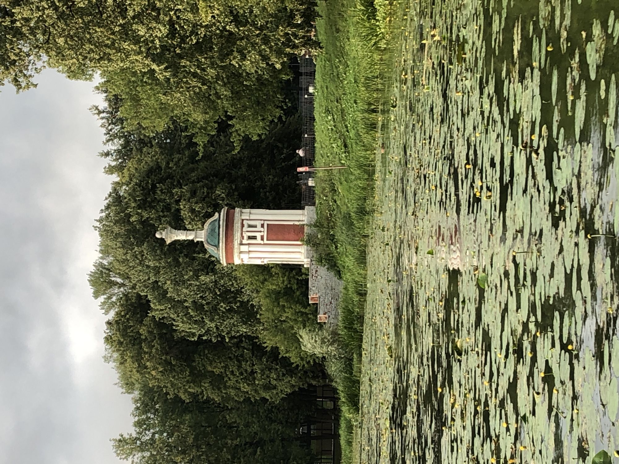 The image depicts a serene lake covered in lily pads, with a distinctive architectural structure on the bank in the background. This structure, a small rotunda with red and white detailing and a green roof, is nestled among lush green trees. The sky above is overcast. In the middle distance, a few people are visible sitting on a bench behind a railing. The foreground is dominated by the lake, its surface a tapestry of green lily pads dotted with small yellow flowers and their stems. The water itself reflects the cloudy sky and the surrounding greenery. This scene is characteristic of the Kolomenskoye Museum-Reserve in Moscow, Russia, known for its historical buildings and beautiful natural landscapes.